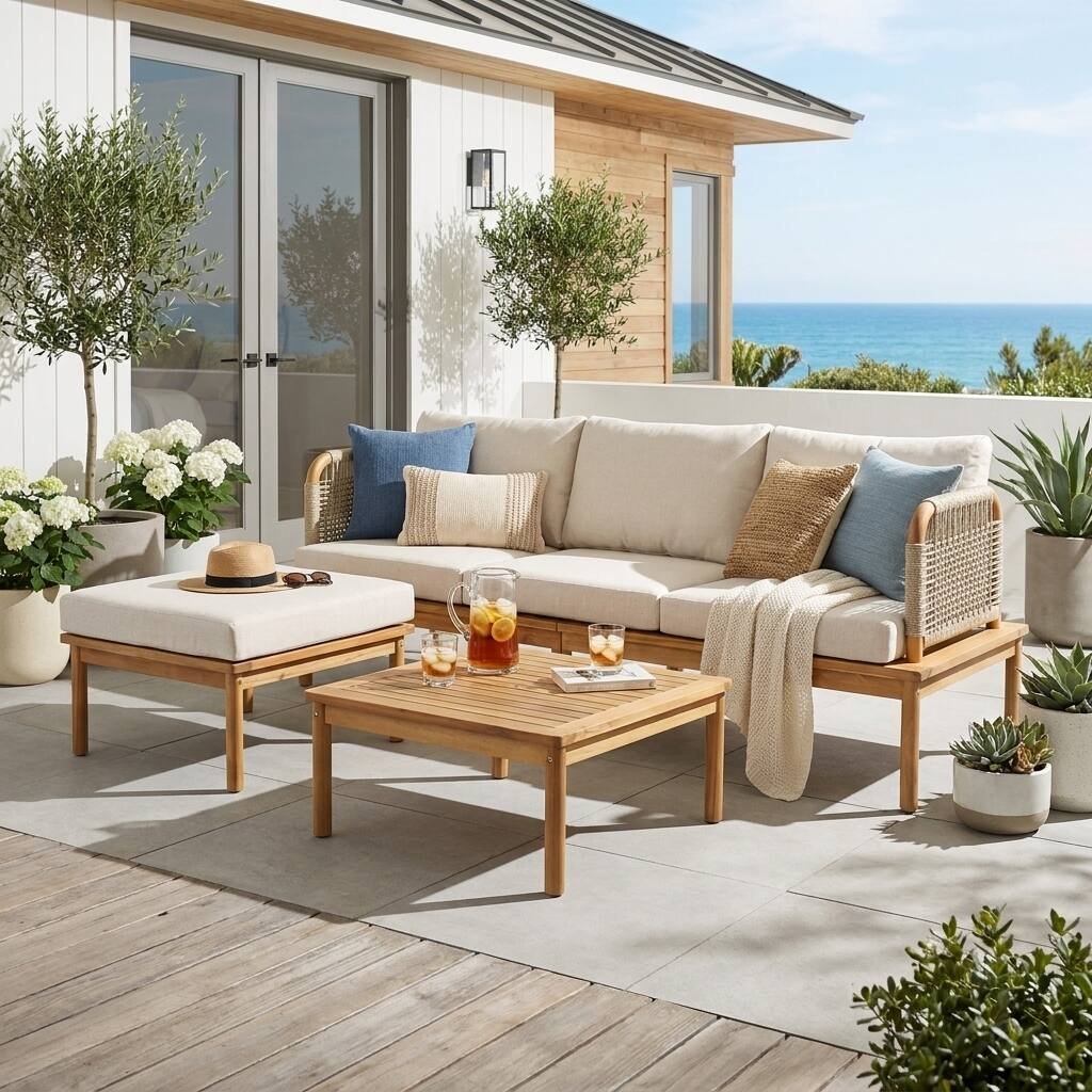 Acacia Wood Patio Sofa Set with Handwoven Rope Arms by Leisure Zone