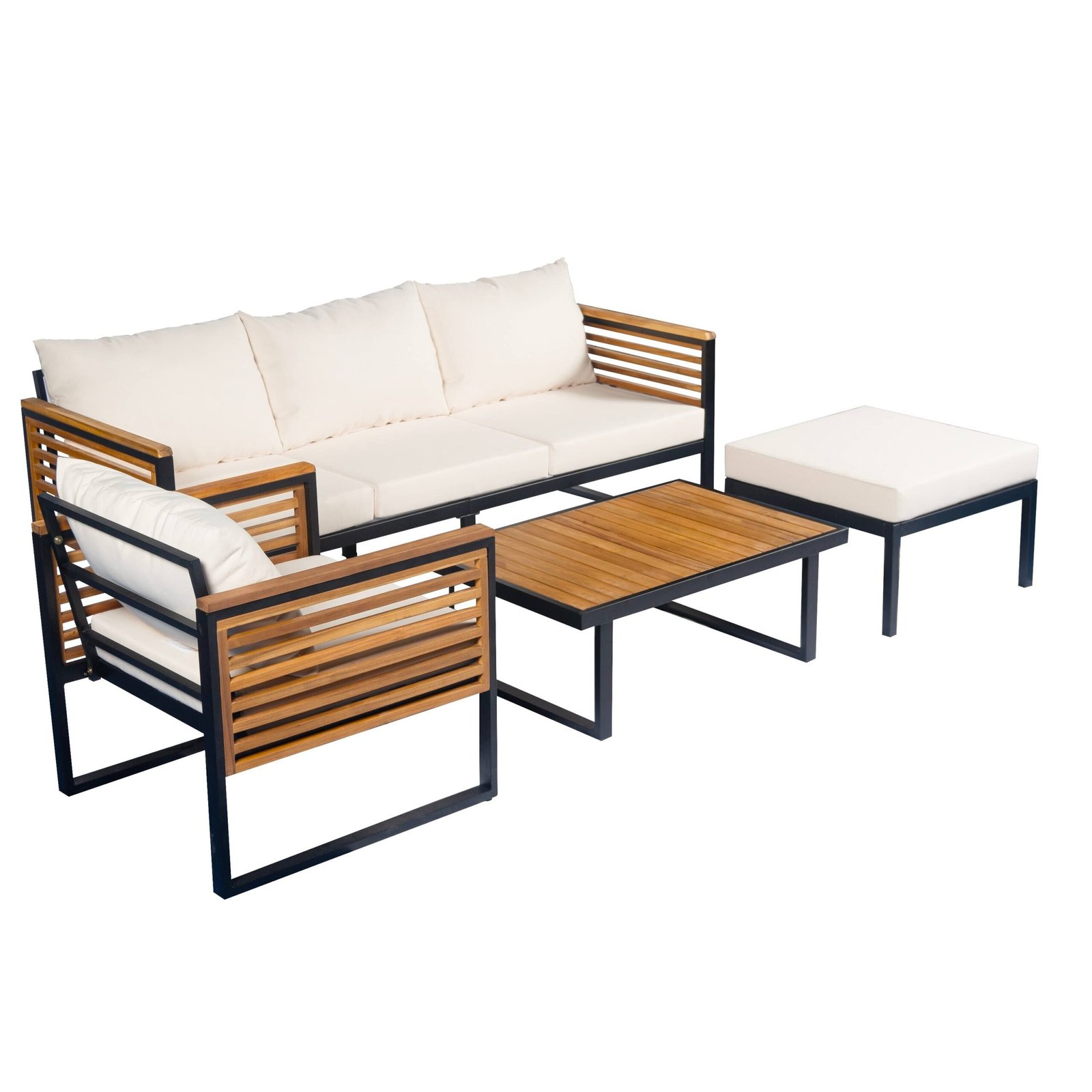 Acacia Wood & Metal Outdoor Sofa Set with High Back Cushions, Ottoman & Coffee Table by Leisure Zone - Image 23