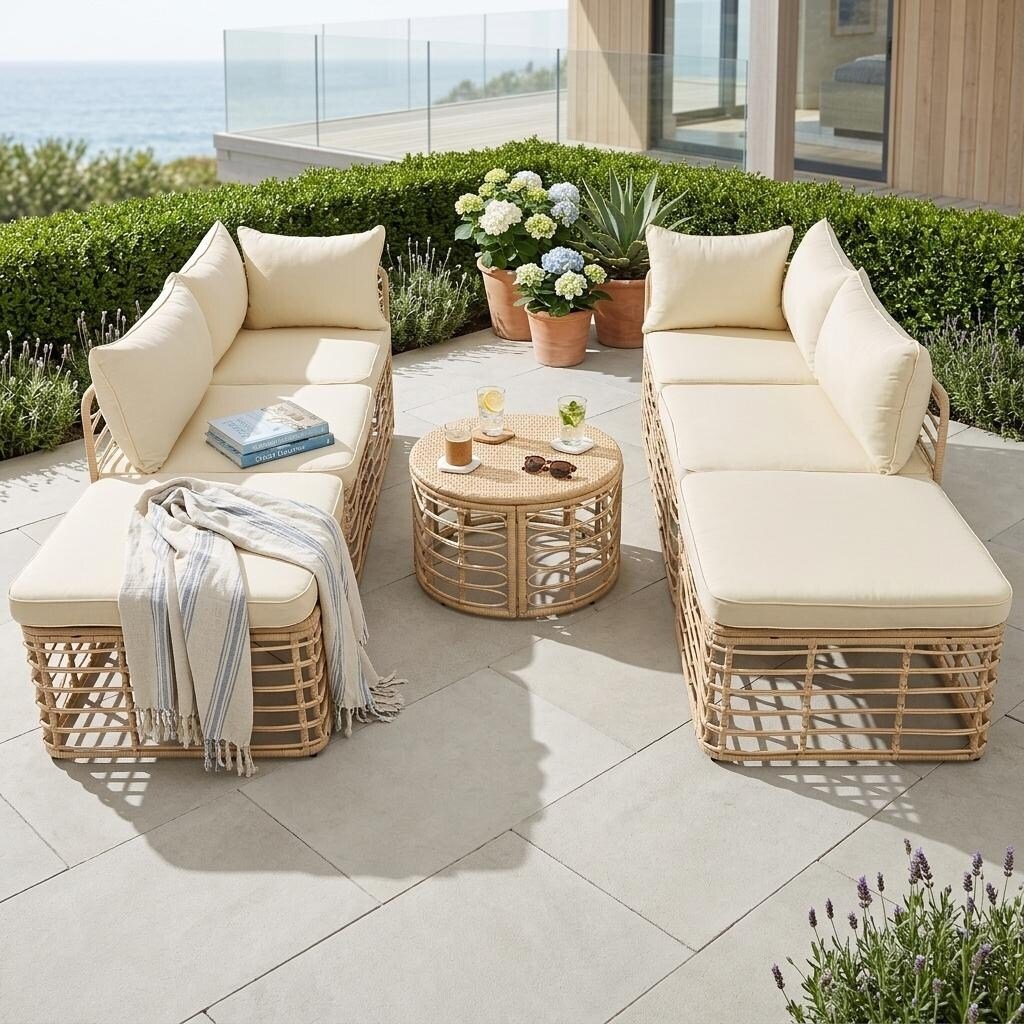 7-Piece Modular All-Weather Rattan Sectional Set with Round Woven Coffee Table by Leisure Zone - Image 14