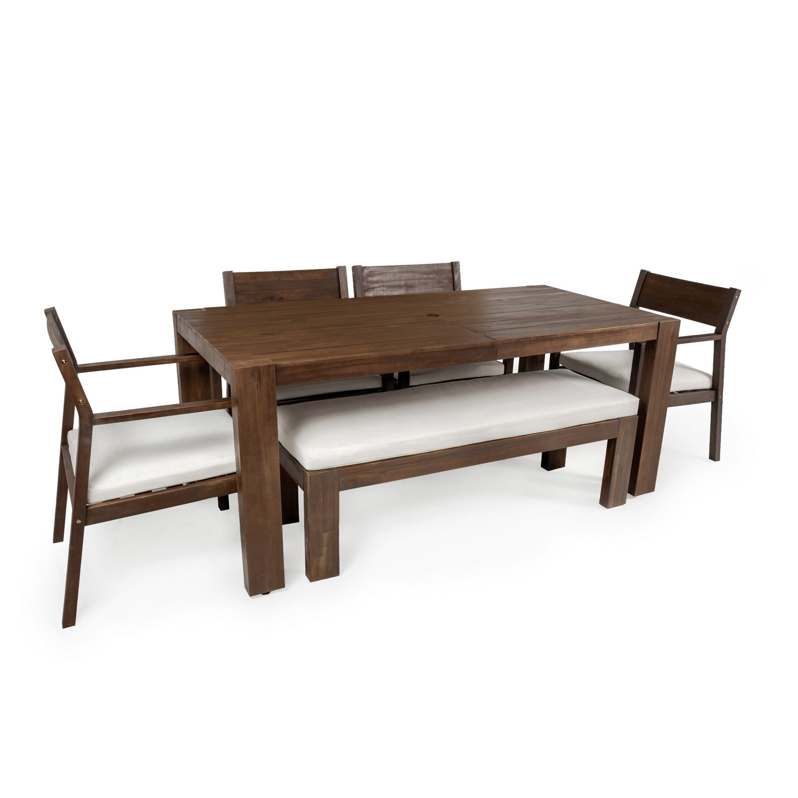 6-Person Patio Dining Set with Umbrella-Ready Table, Cushioned Bench & Four Armchairs by Leisure Zone - Image 15