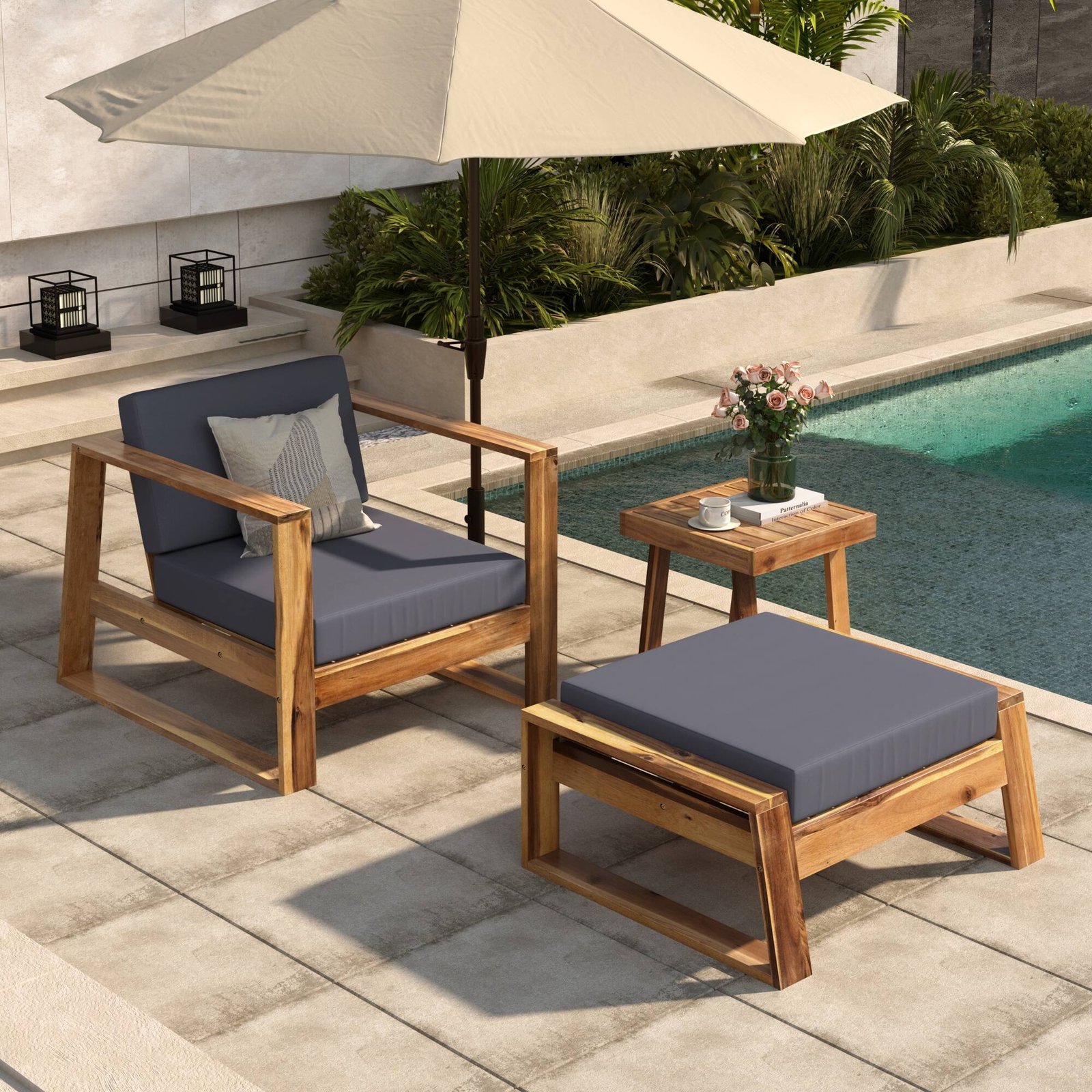 3-Piece Acacia Wood Outdoor Lounge Set with Ottoman and Side Table by Leisure Zone - Image 14