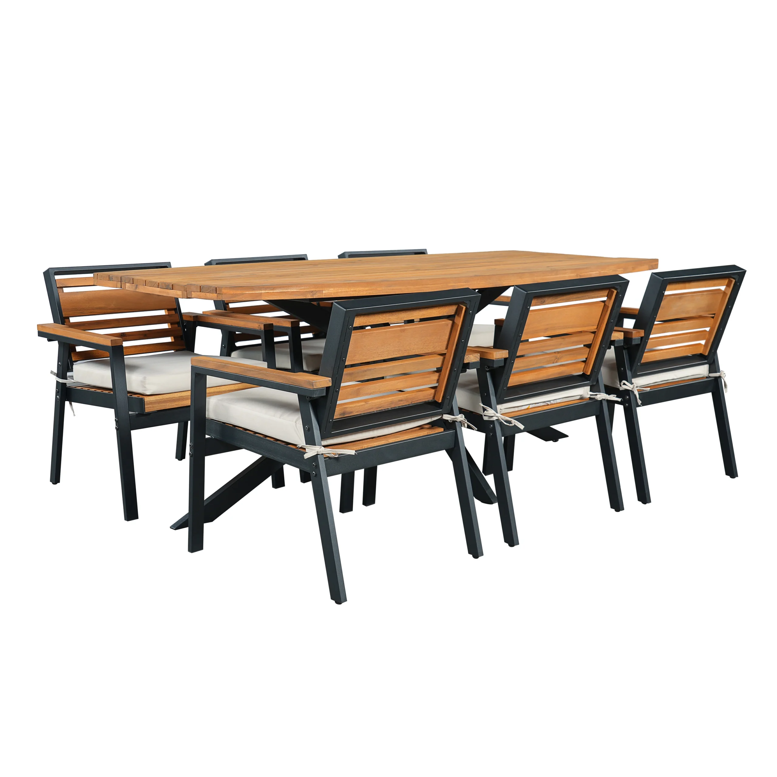 7-Piece Acacia Wood Patio Dining Set with X-Base Table & Cushioned Chairs by Leisure Zone - Image 7