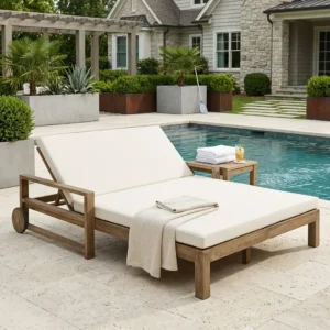 Farmhouse Acacia Wood Double Outdoor Sunbed with Adjustable Backrest by Leisure Zone