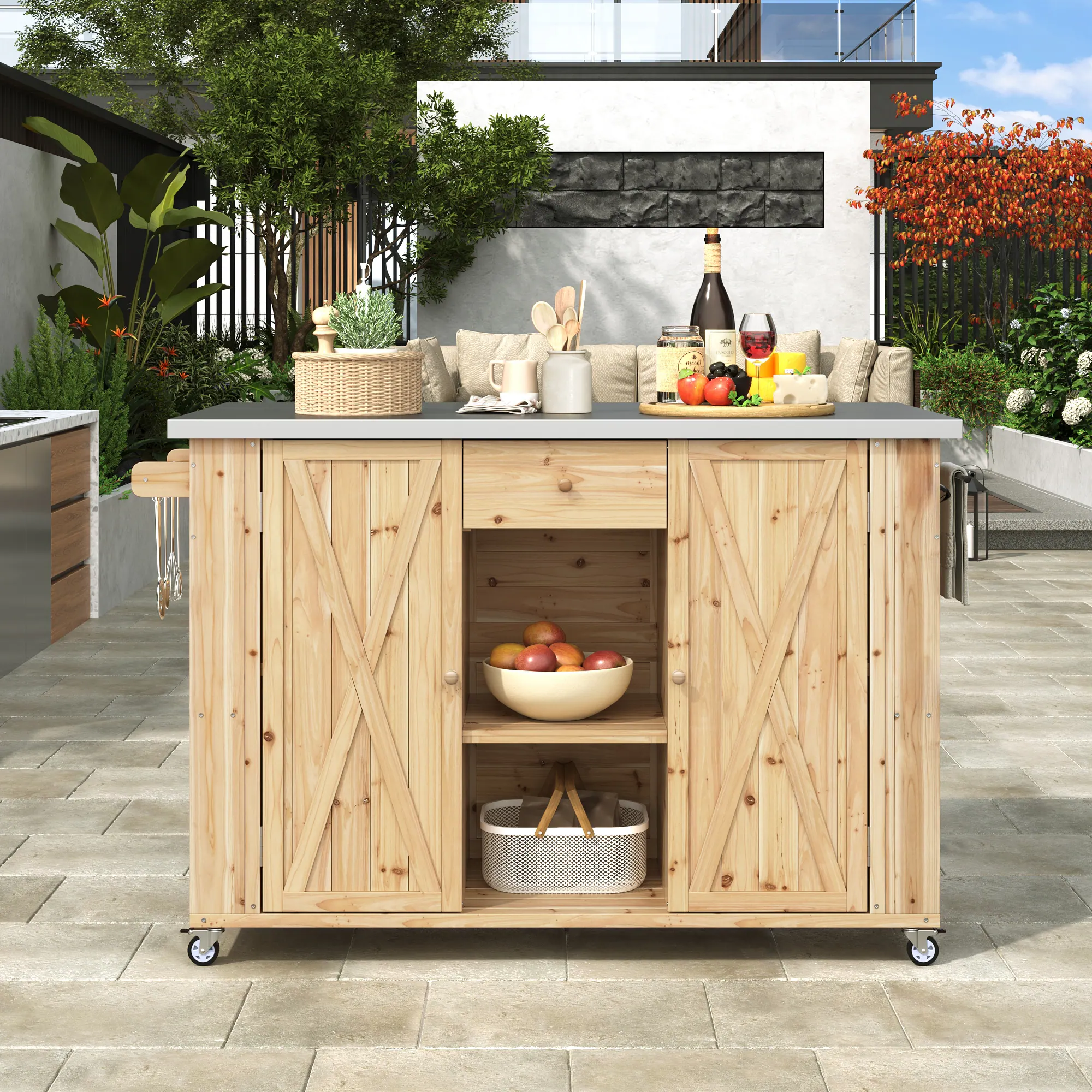 Outdoor Kitchen Island with Foldable Stainless Steel Countertop & Storage by Leisure Zone - Image 2
