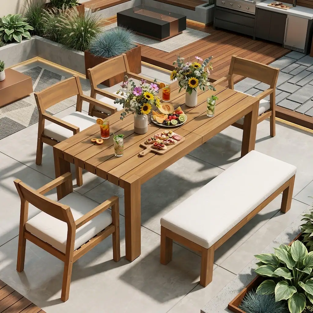 6-Person Patio Dining Set with Umbrella-Ready Table, Cushioned Bench & Four Armchairs by Leisure Zone - Image 2