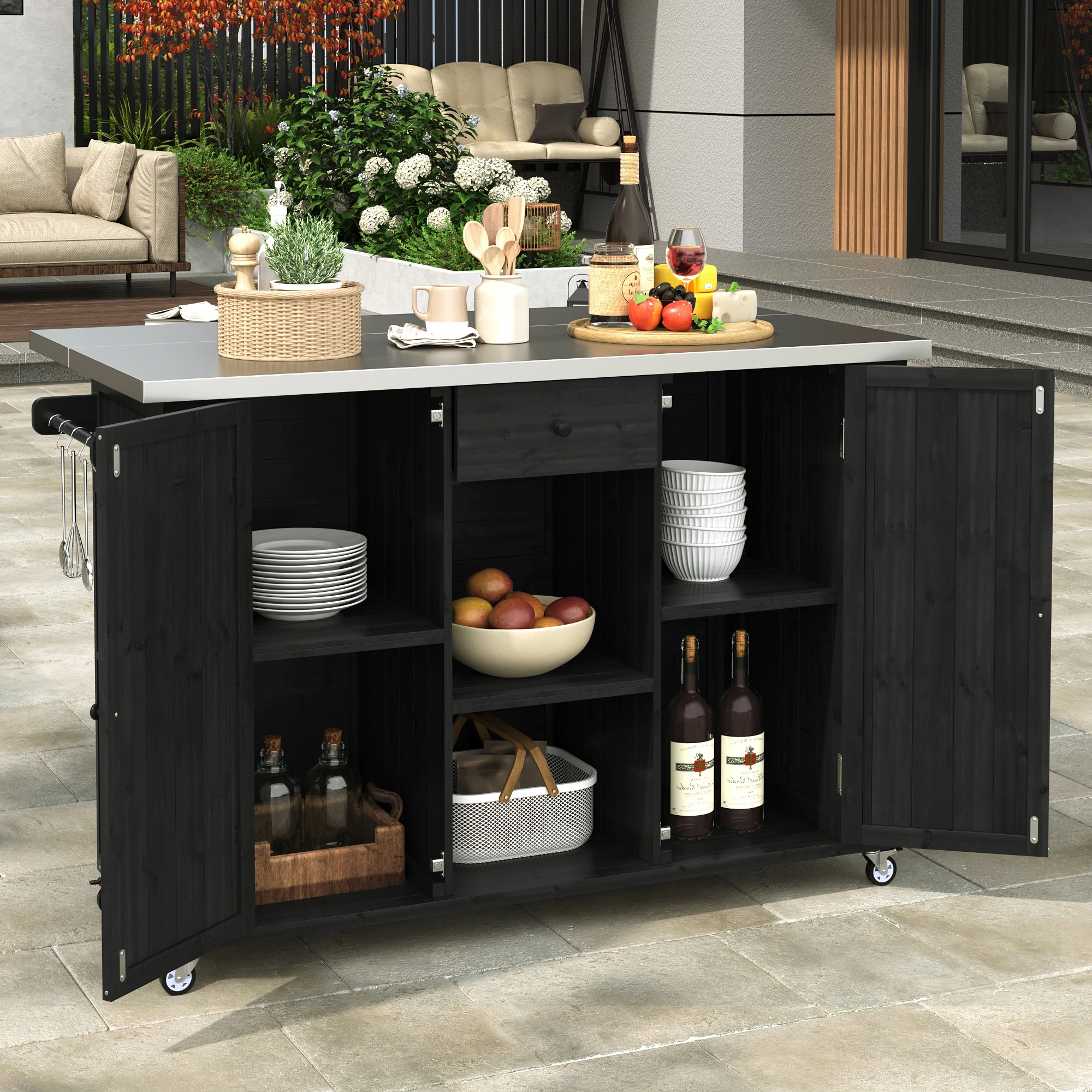 Outdoor Kitchen Island with Foldable Stainless Steel Countertop & Storage by Leisure Zone - Image 21