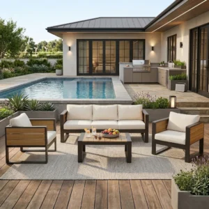 4-Piece Patio Conversation Set with Coffee Table & Fold-Down Arm Tables by Leisure Zone