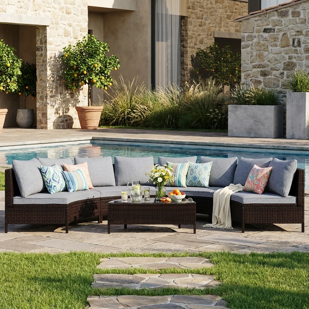 Half-Moon Design All-Weather Brown PE Rattan Wicker Sofa Set with Tempered Glass Table by Leisure Zone - Image 2