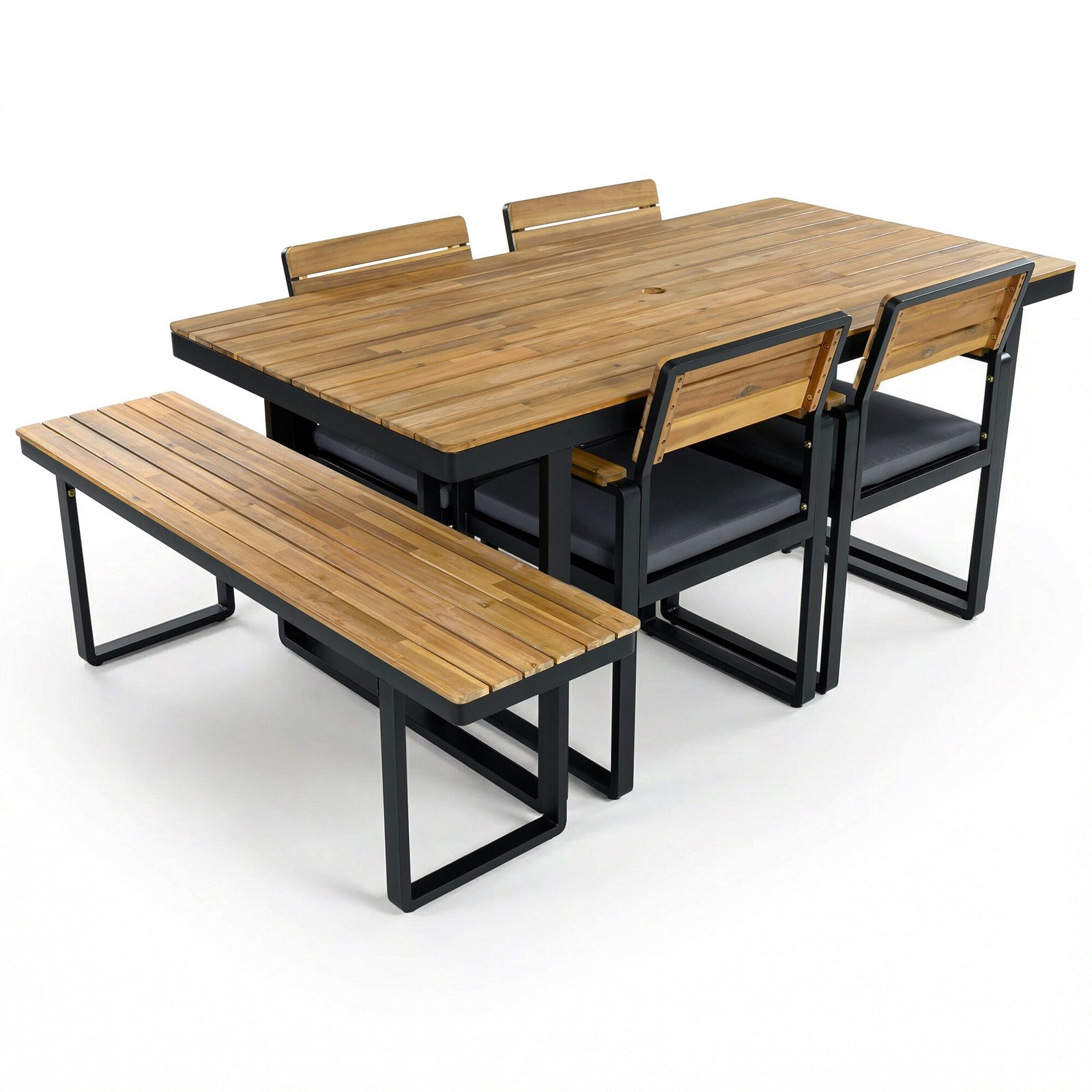 Acacia Wood & Steel Patio Dining Set with Cushioned Chairs & Bench by Leisure Zone - Image 15