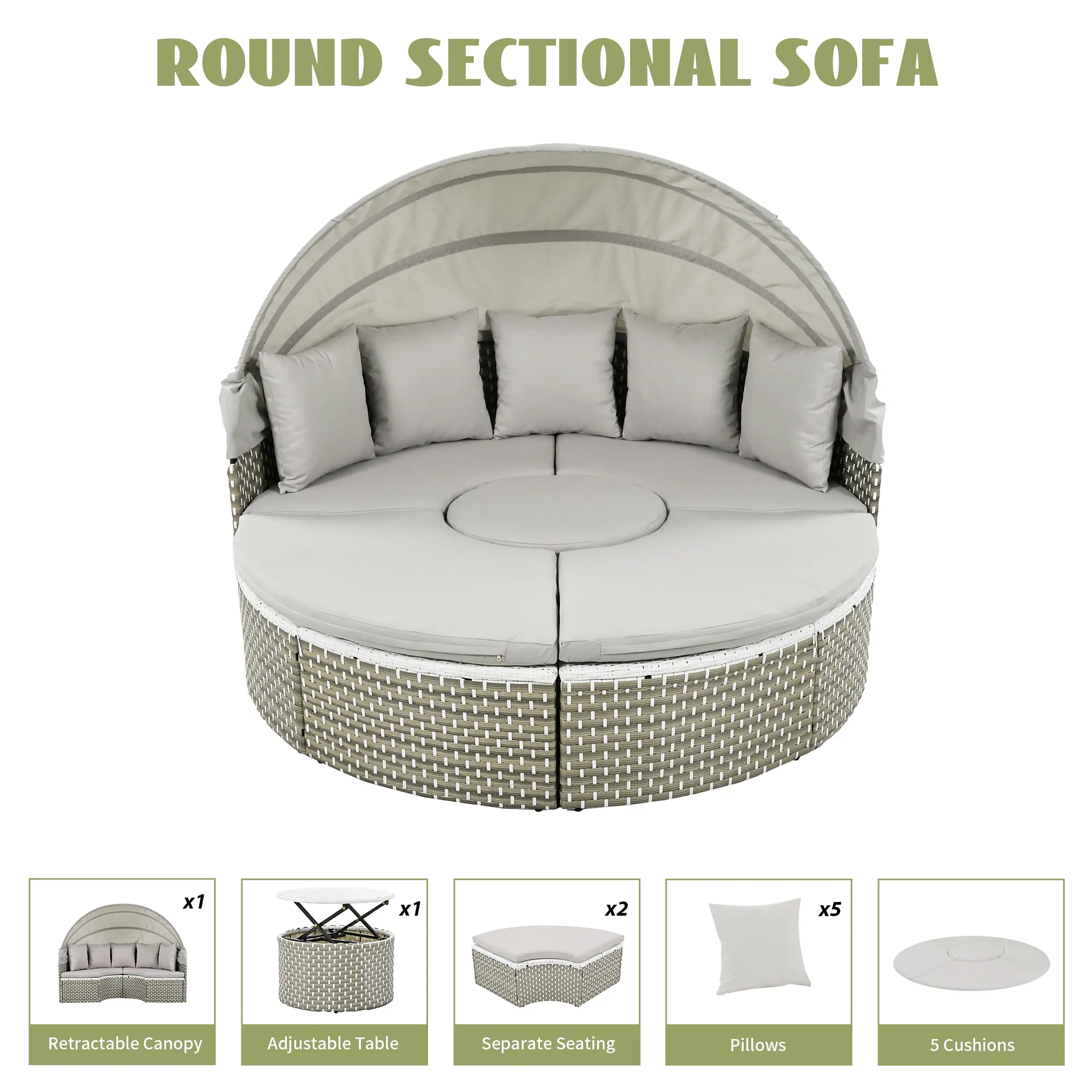 Patio Furniture Round Outdoor Sectional Sofa Set with Retractable Canopy by Leisure Zone - Image 24