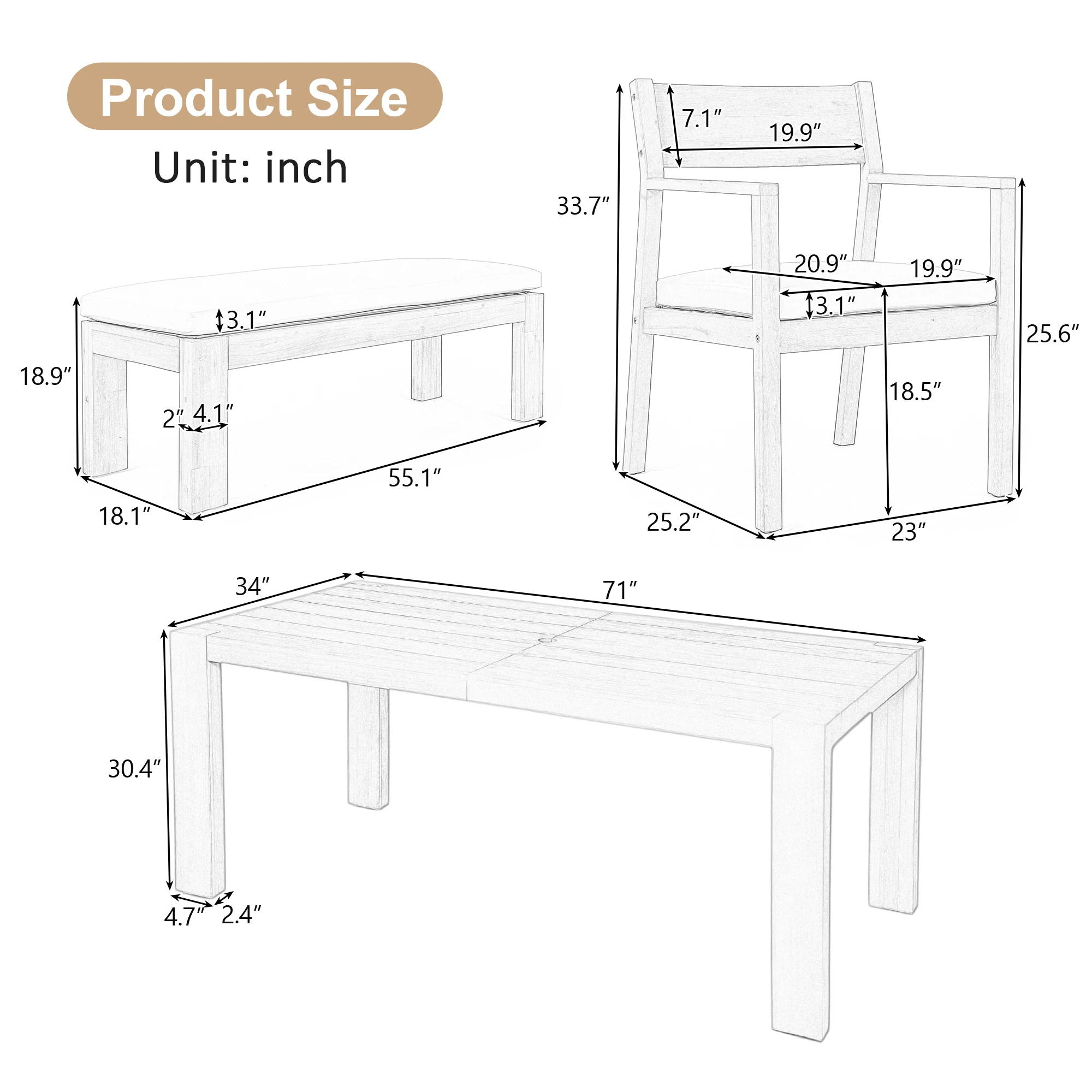 6-Person Patio Dining Set with Umbrella-Ready Table, Cushioned Bench & Four Armchairs by Leisure Zone - Image 12