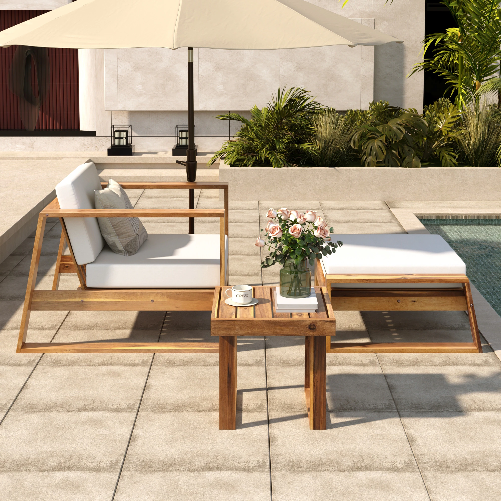 3-Piece Acacia Wood Outdoor Lounge Set with Ottoman and Side Table by Leisure Zone - Image 2