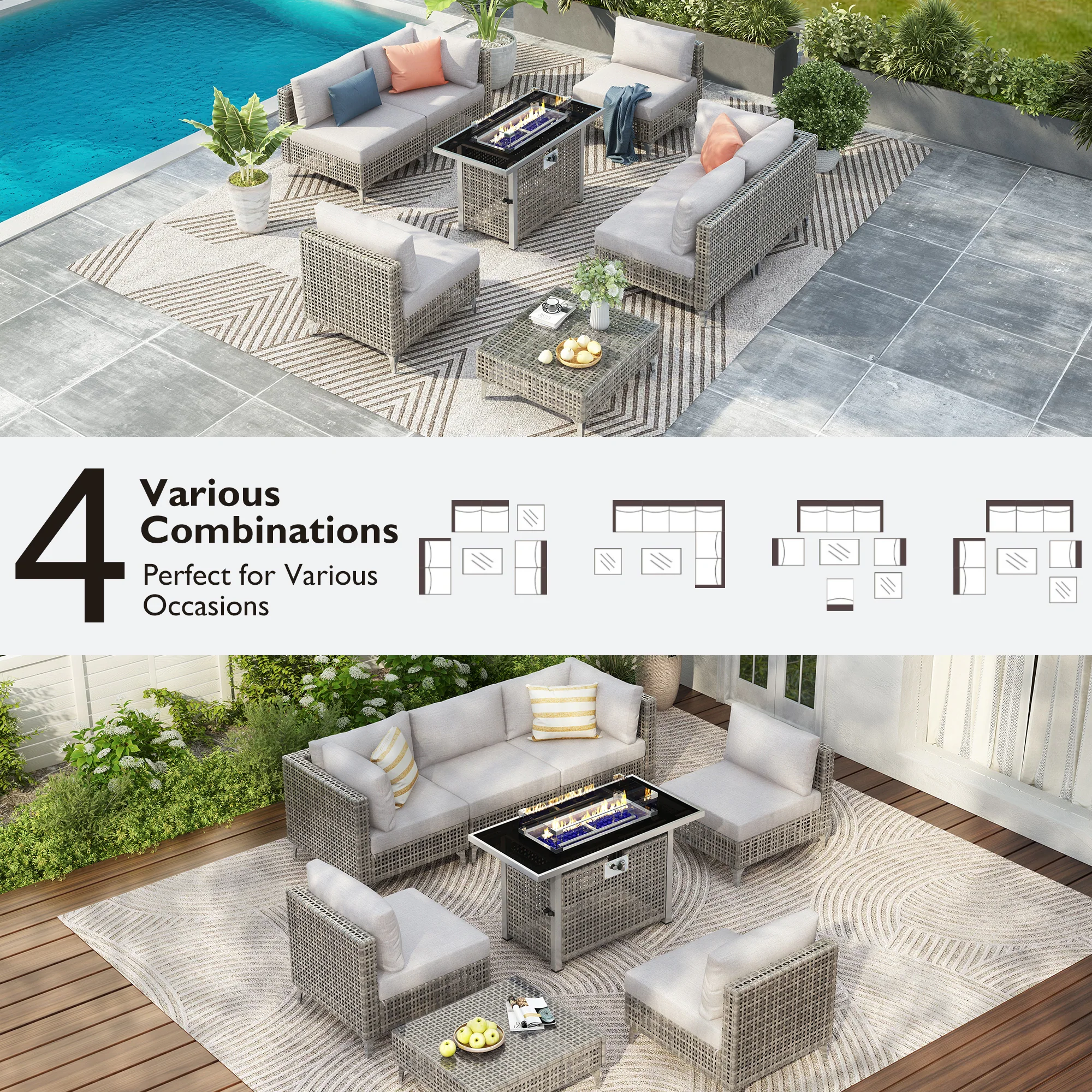 8-Piece Outdoor Patio Furniture Set with 60,000 BTU Propane Fire Pit Table by Leisure Zone - Image 6