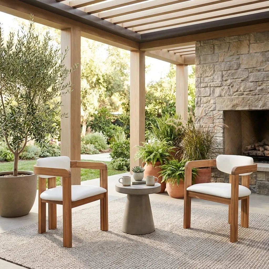 Set of 2 Outdoor Acacia Barrel Dining Chairs with Cushioned Wraparound Back by Leisure Zone - Image 2