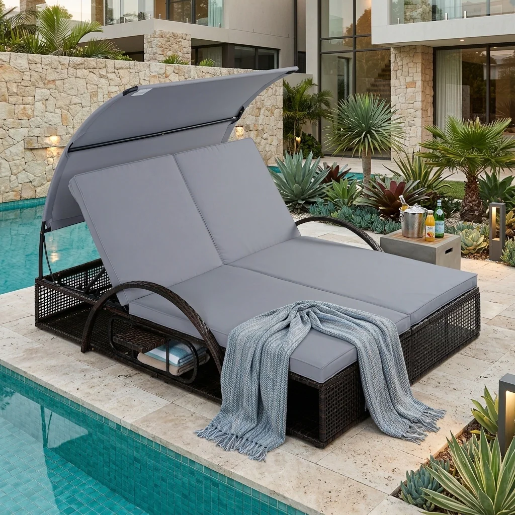Double Outdoor Sun Lounger with Adjustable Backrest & Hidden Side Table by Leisure Zone - Image 24