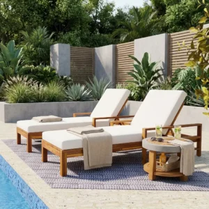 Set of 2 Acacia Wood Outdoor Chaise Lounge Chairs with Adjustable Backrest by Leisure Zone - Natural+Beige