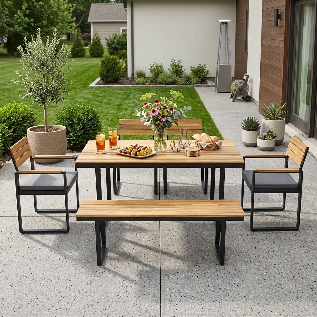 Acacia Wood & Steel Patio Dining Set with Cushioned Chairs & Bench by Leisure Zone - Image 12