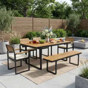 Acacia Wood & Steel Patio Dining Set with Cushioned Chairs & Bench by Leisure Zone