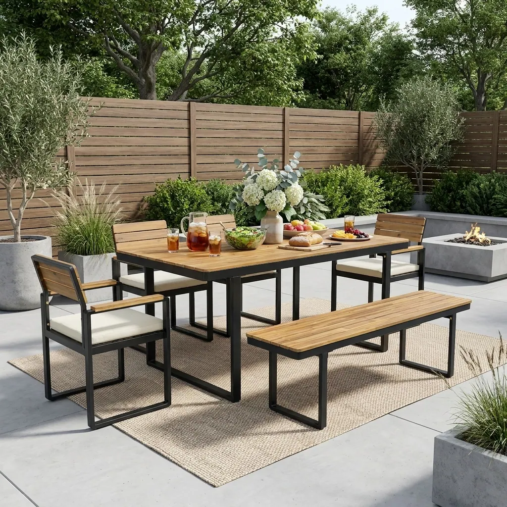 Acacia Wood & Steel Patio Dining Set with Cushioned Chairs & Bench by Leisure Zone