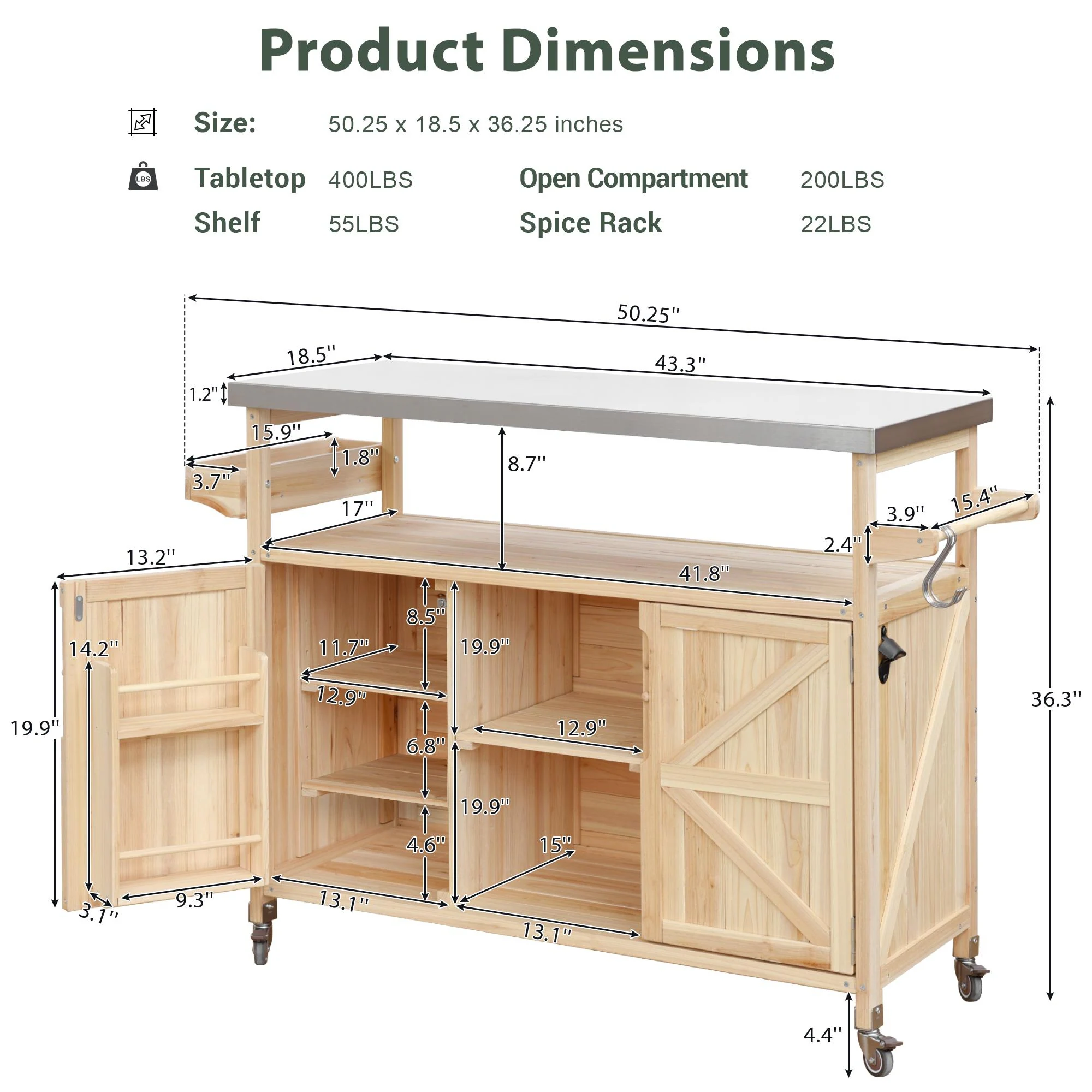 Farmhouse Solid Wood Outdoor Kitchen Island with Rolling Bar Cart & Storage Cabinet by Leisure Zone - Image 17