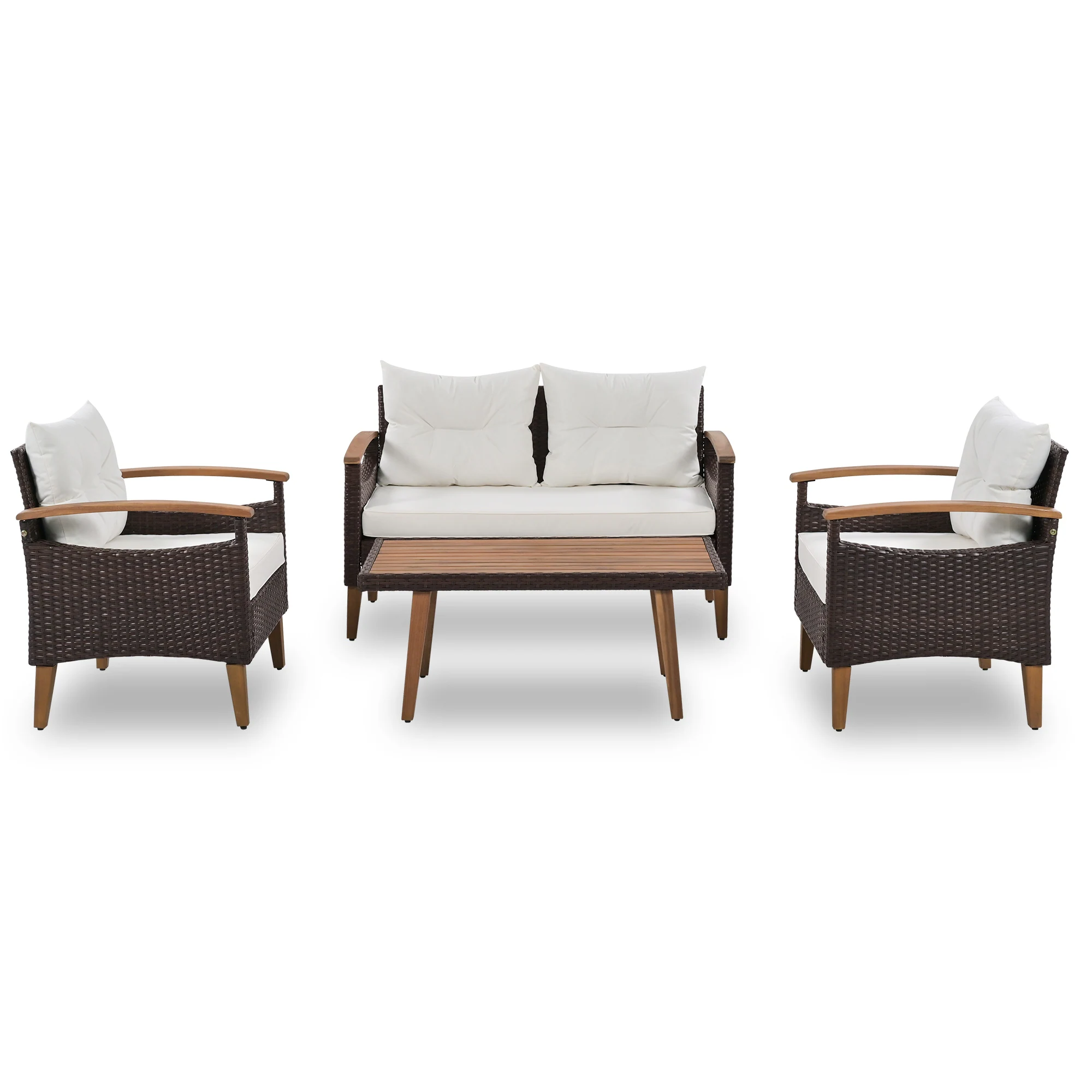 4-Piece PE Rattan Outdoor Sofa Set with Acacia Wood Table by Leisure Zone - Image 4