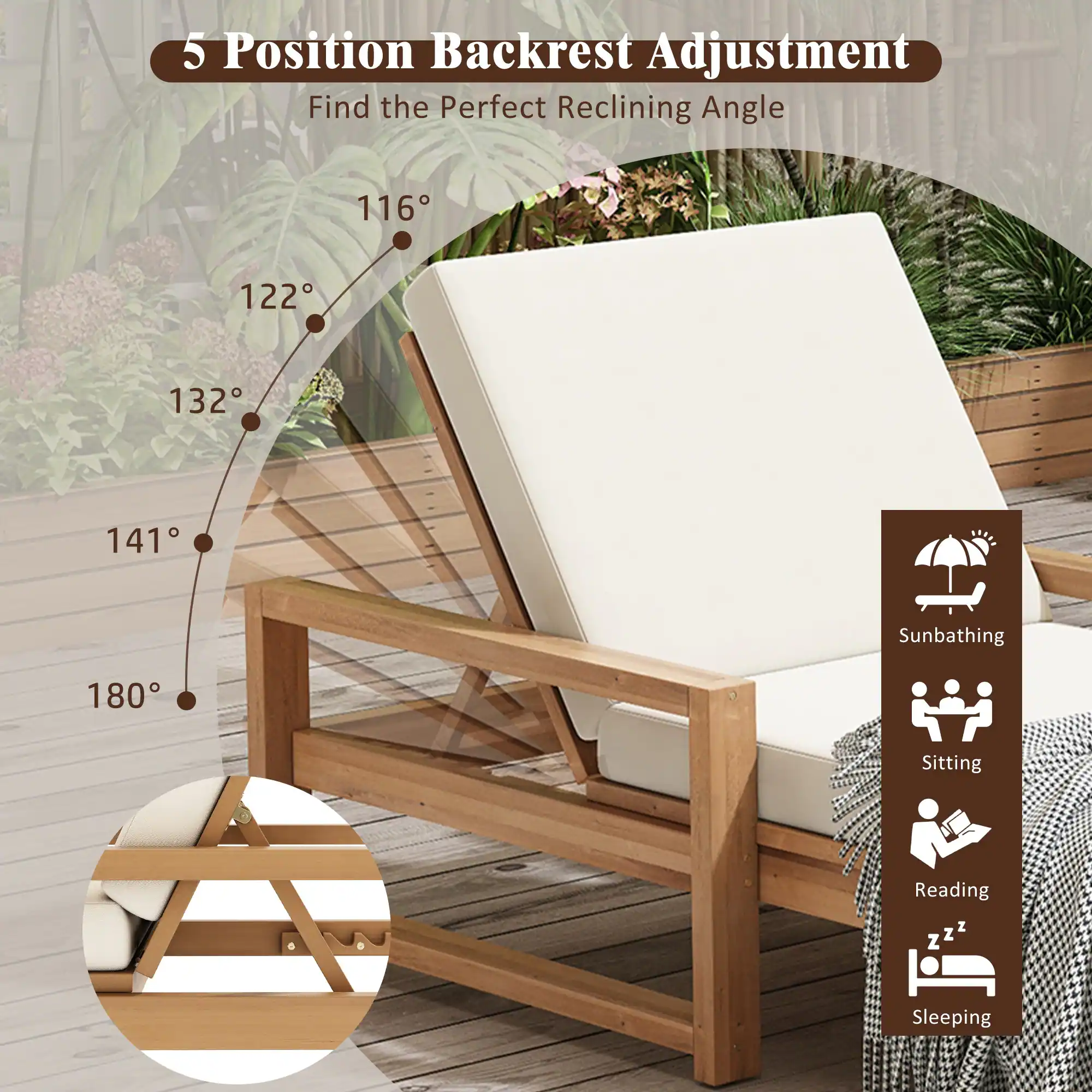 Acacia Wood 5-Position Outdoor Chaise Lounge Chairs Set of 2 by Leisure Zone - Image 10