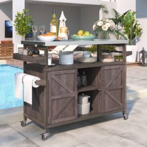 Farmhouse Solid Wood Outdoor Kitchen Island with Rolling Bar Cart & Storage Cabinet by Leisure Zone