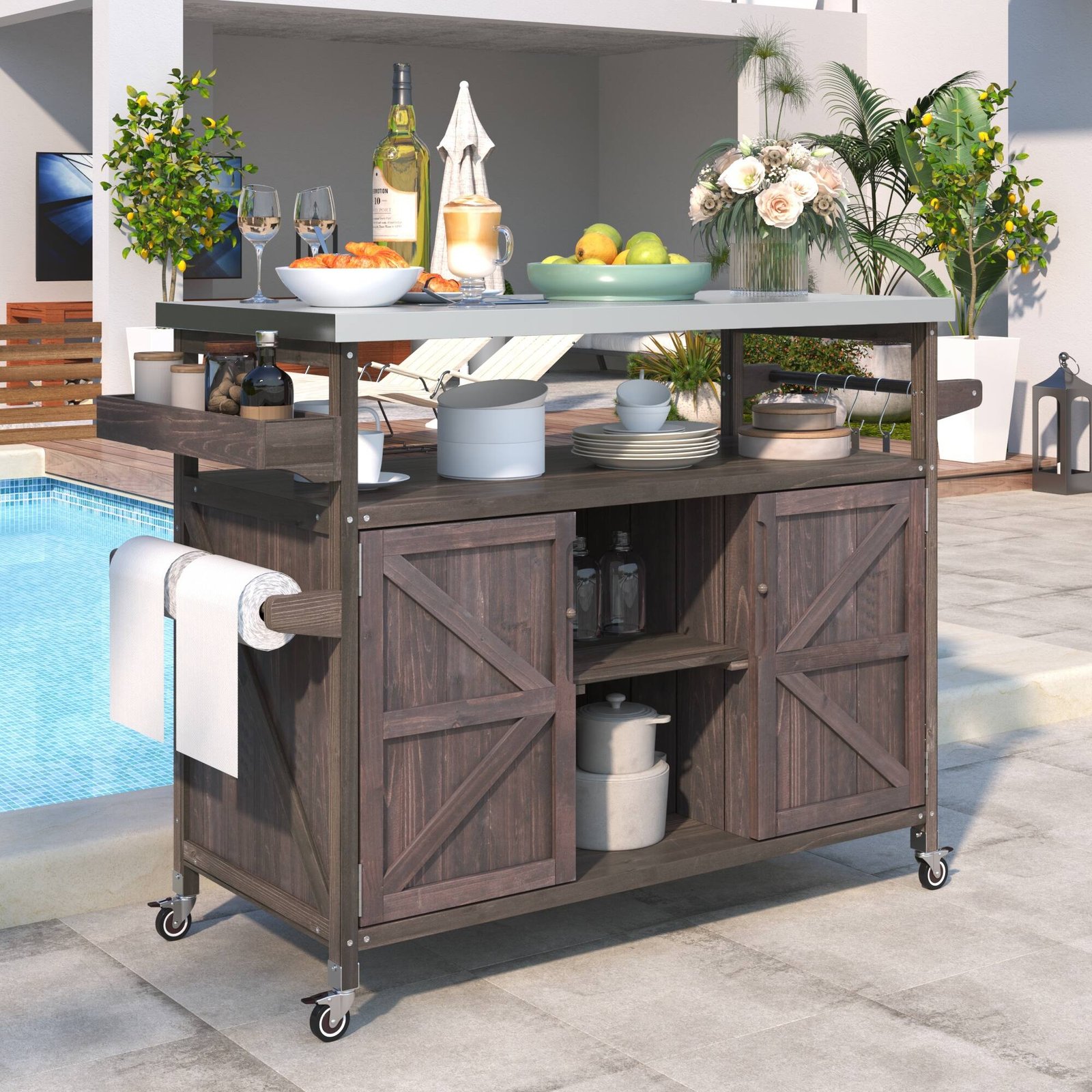 Farmhouse Solid Wood Outdoor Kitchen Island with Rolling Bar Cart & Storage Cabinet by Leisure Zone