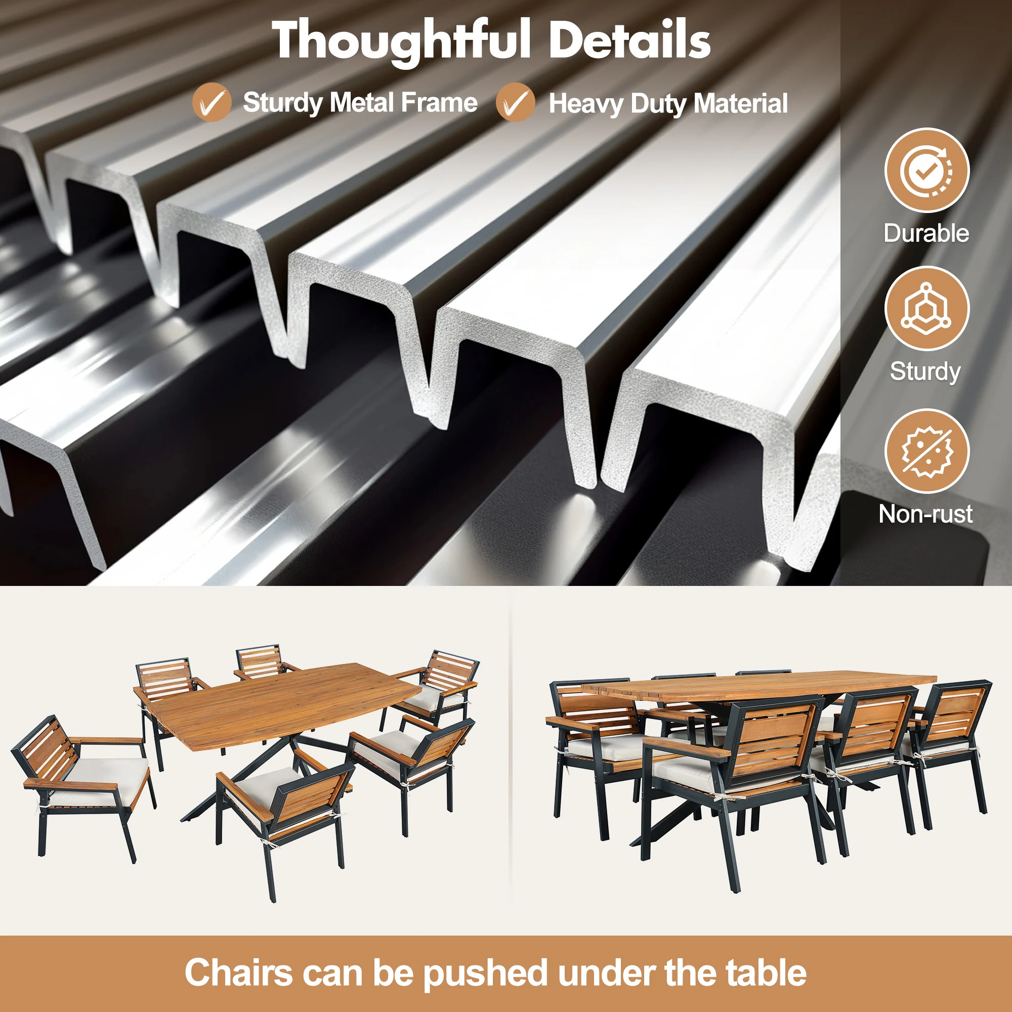 7-Piece Acacia Wood Patio Dining Set with X-Base Table & Cushioned Chairs by Leisure Zone - Image 8