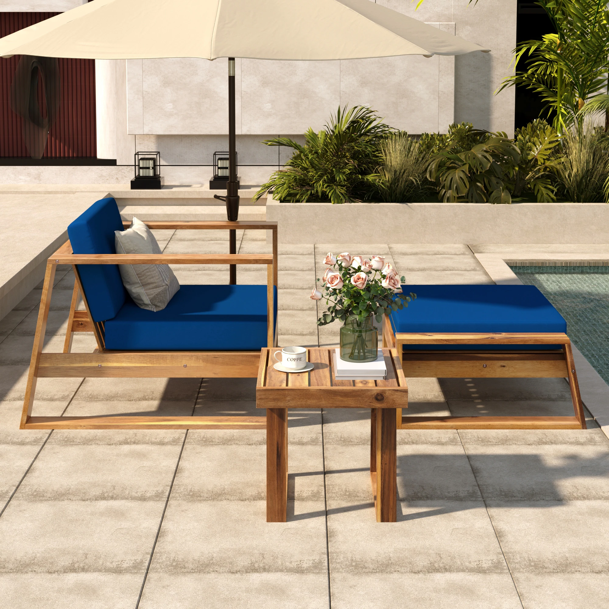 3-Piece Acacia Wood Outdoor Lounge Set with Ottoman and Side Table by Leisure Zone - Image 9