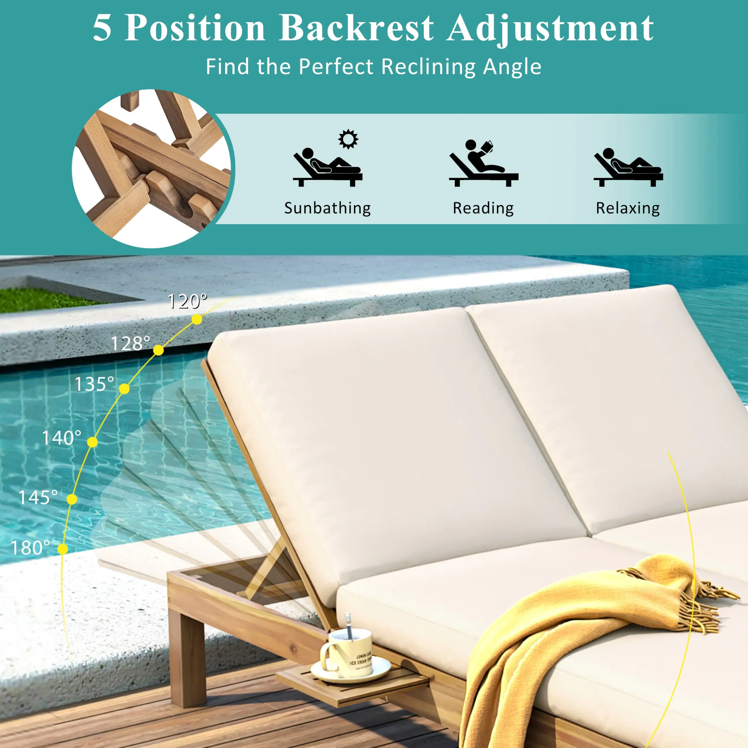 Elegant 5-Position Adjustable Double Chaise Lounge with Side Table by Leisure Zone - Image 7