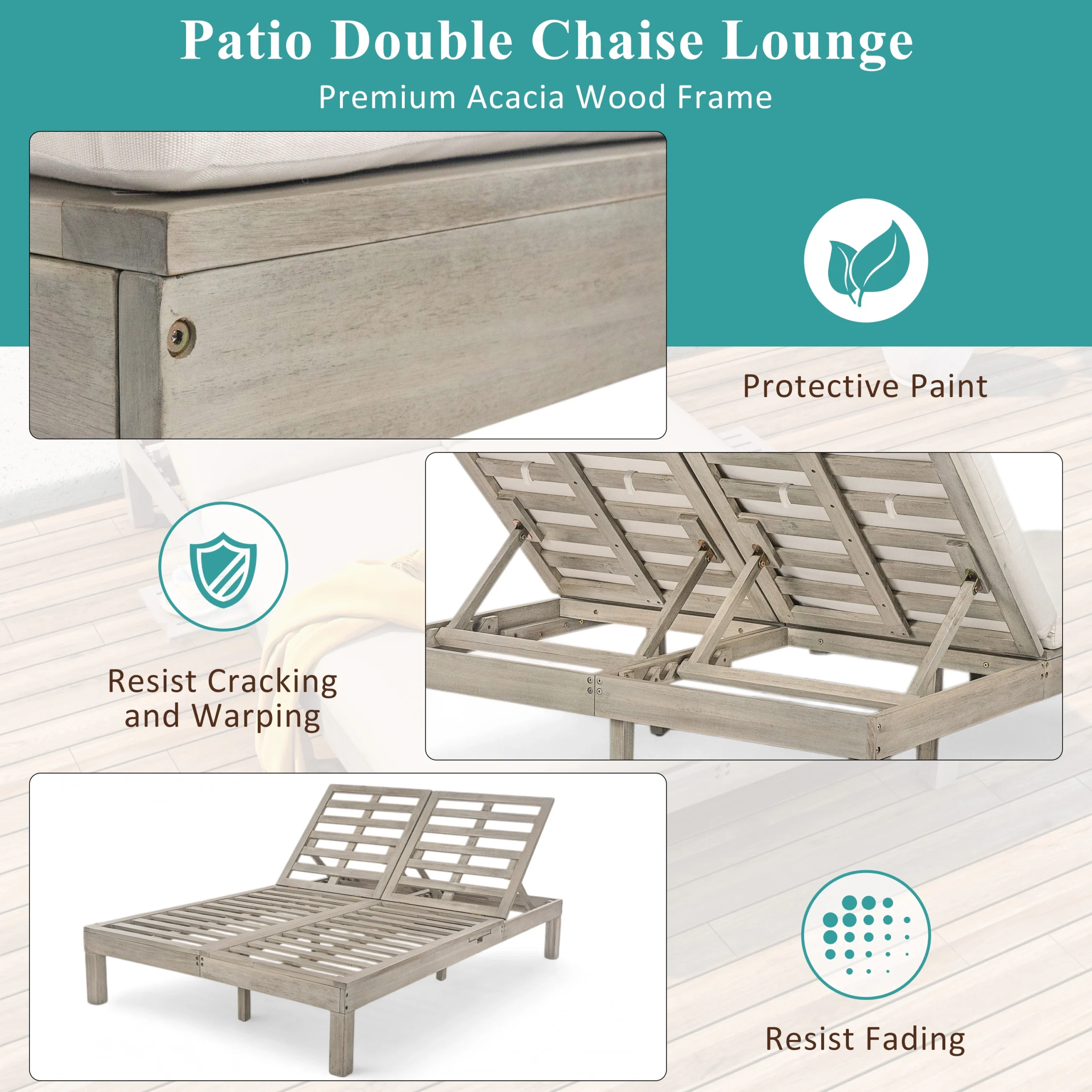 Elegant 5-Position Adjustable Double Chaise Lounge with Side Table by Leisure Zone - Image 18