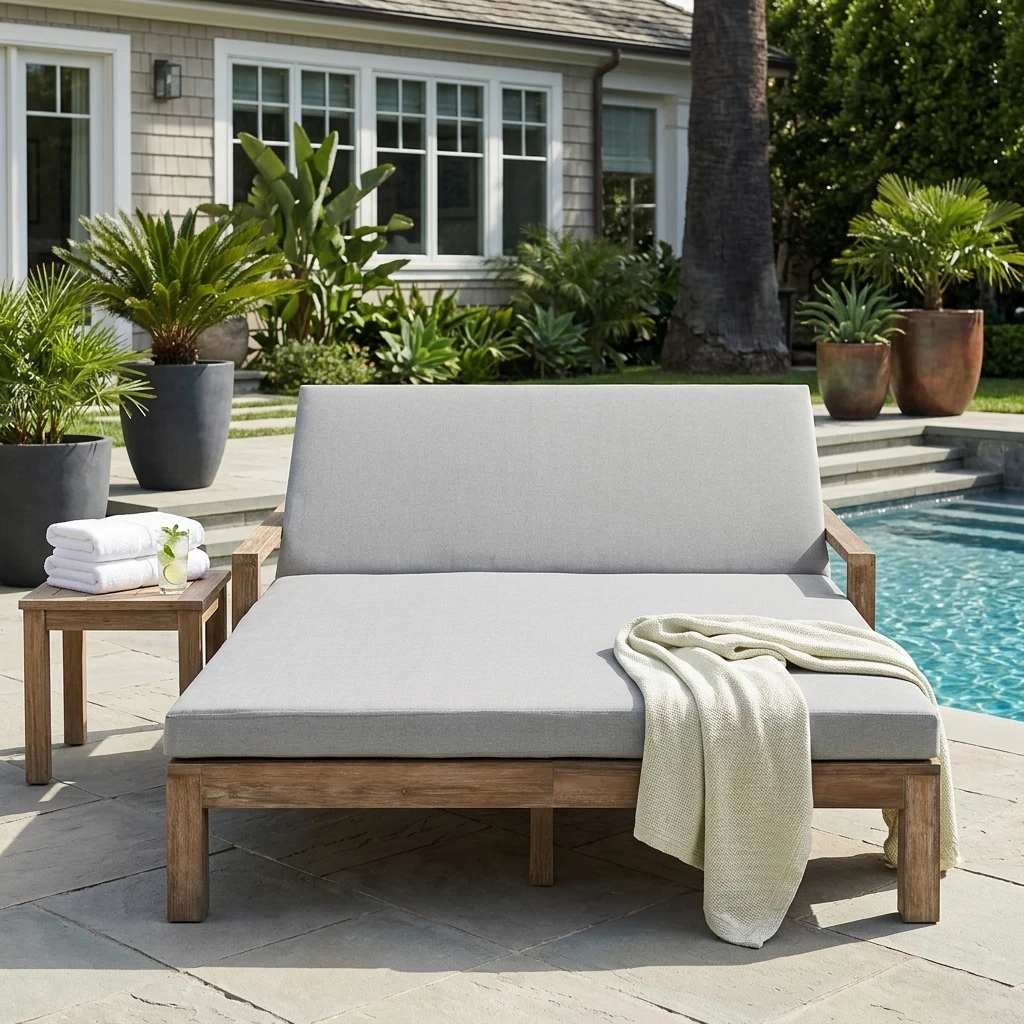 Farmhouse Acacia Wood Double Outdoor Sunbed with Adjustable Backrest by Leisure Zone - Image 14
