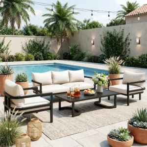 4-Piece Outdoor Steel Conversation Set with Slatted Coffee Table by Leisure Zone
