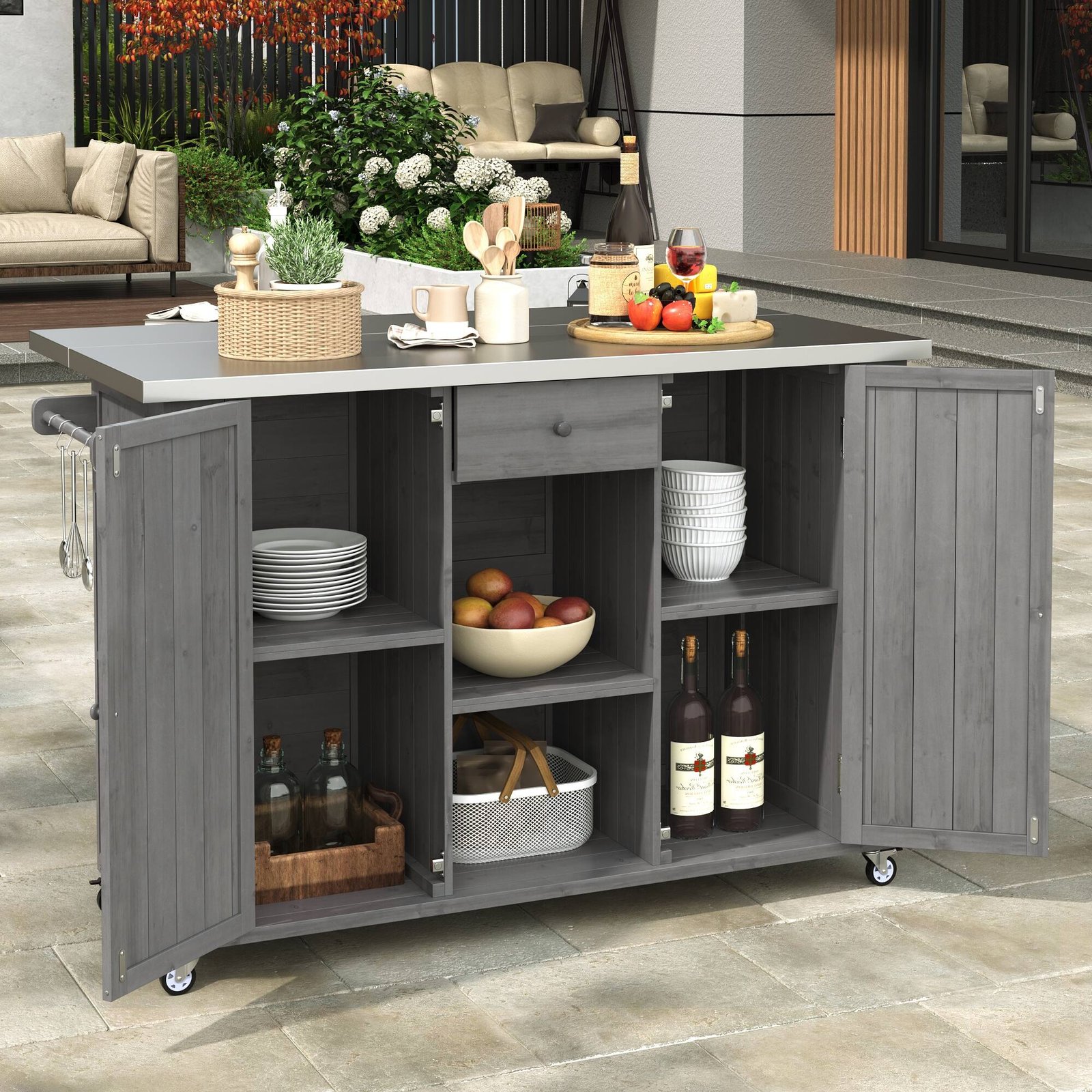 Outdoor Kitchen Island with Foldable Stainless Steel Countertop & Storage by Leisure Zone - Image 11