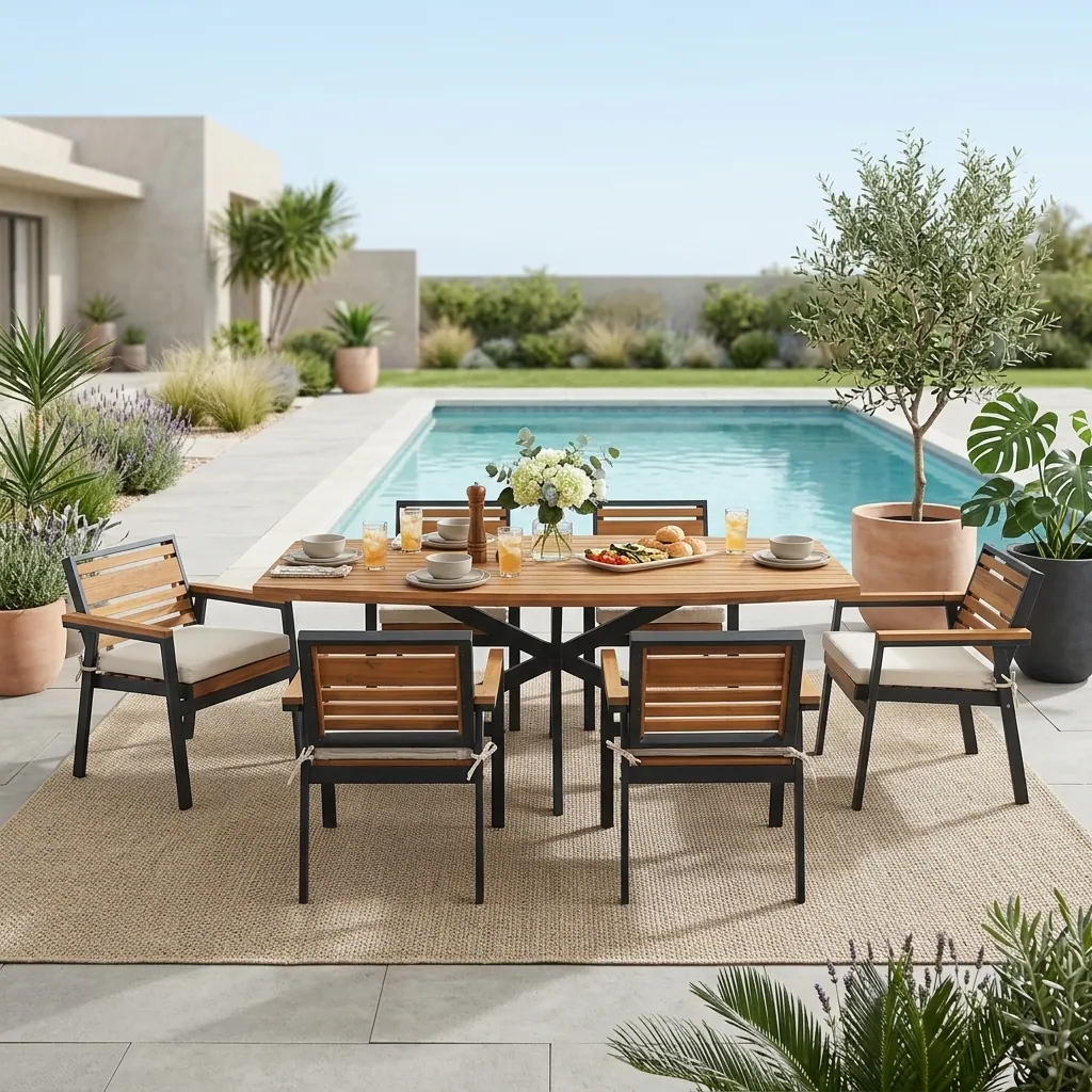 7-Piece Acacia Wood Patio Dining Set with X-Base Table & Cushioned Chairs by Leisure Zone - Image 3