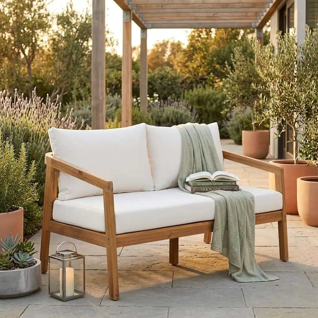 Acacia Wood Patio Loveseat Sofa with Thick Cushions by Leisure Zone - Image 2