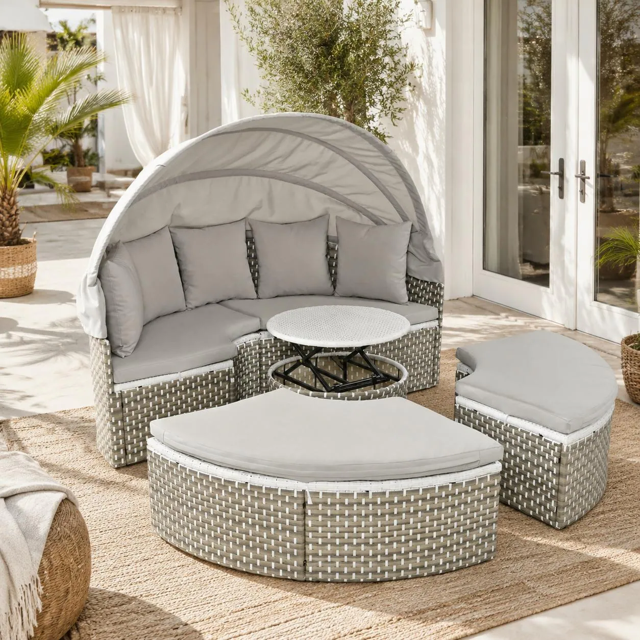 Patio Furniture Round Outdoor Sectional Sofa Set with Retractable Canopy by Leisure Zone - Image 16