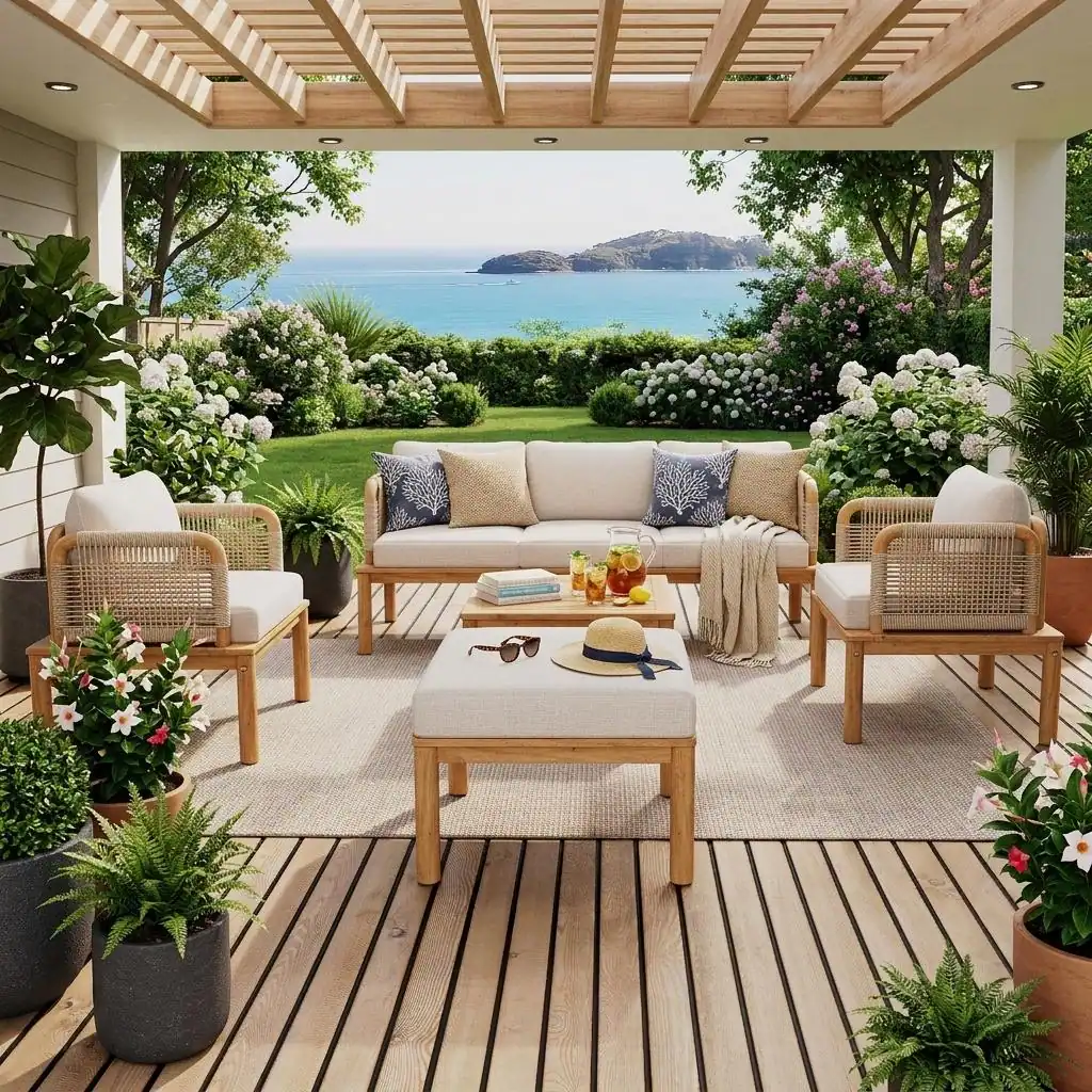 Acacia Wood Patio Sofa Set with Handwoven Rope Arms by Leisure Zone - Image 3