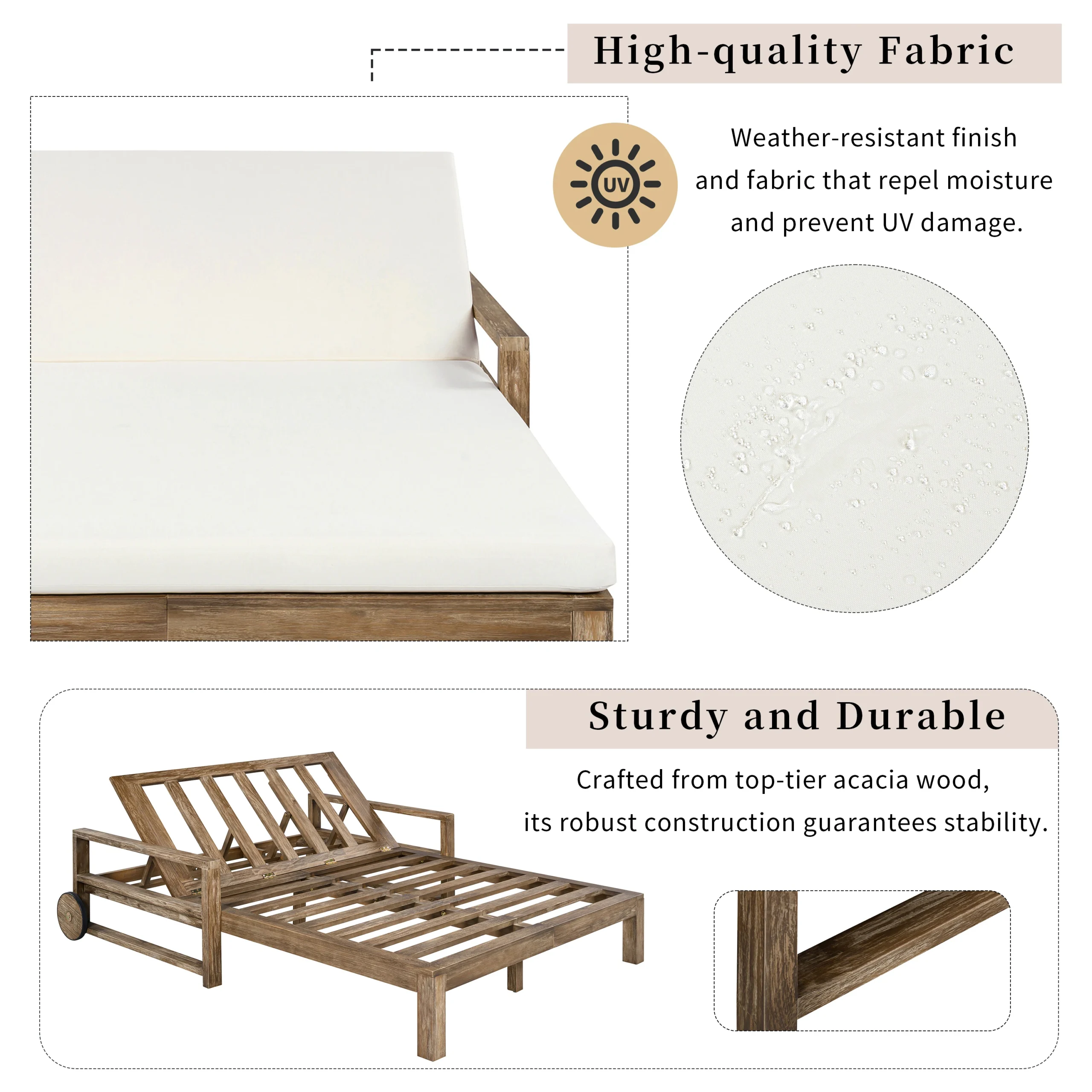 Farmhouse Acacia Wood Double Outdoor Sunbed with Adjustable Backrest by Leisure Zone - Image 9