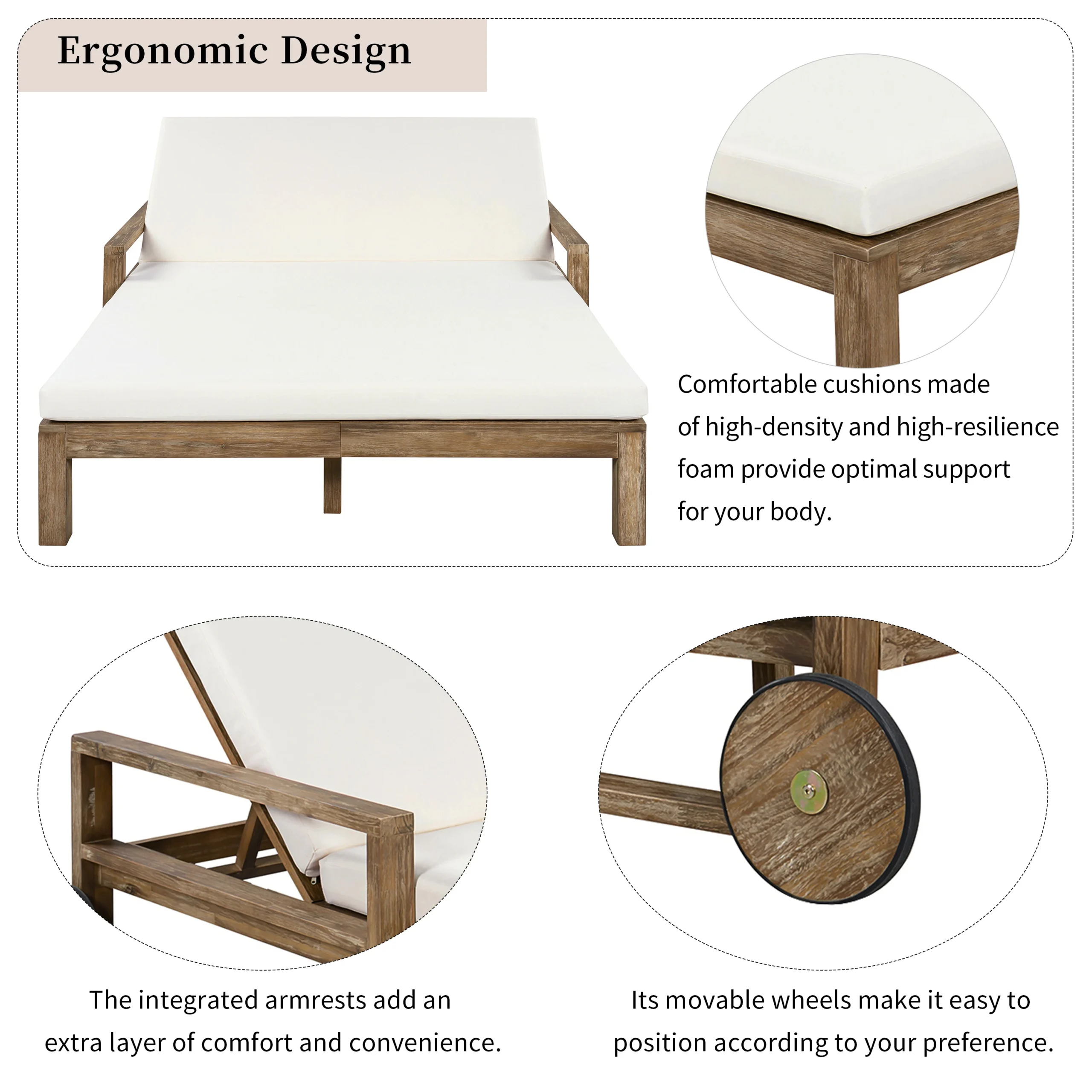 Farmhouse Acacia Wood Double Outdoor Sunbed with Adjustable Backrest by Leisure Zone - Image 7