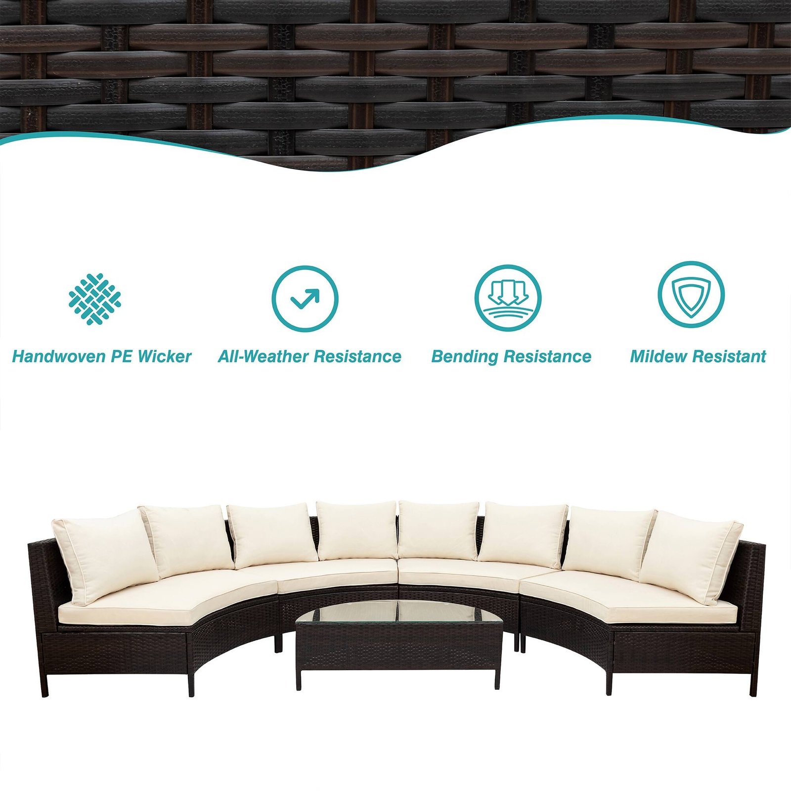 Half-Moon Design All-Weather Brown PE Rattan Wicker Sofa Set with Tempered Glass Table by Leisure Zone - Image 14