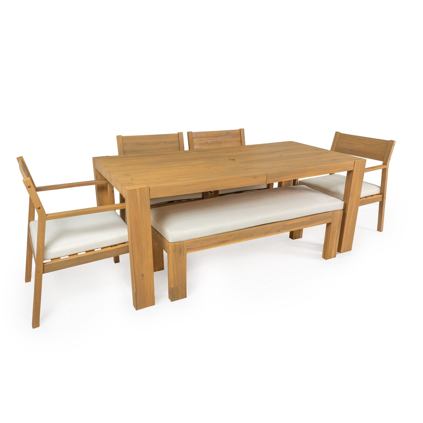 6-Person Patio Dining Set with Umbrella-Ready Table, Cushioned Bench & Four Armchairs by Leisure Zone - Image 3