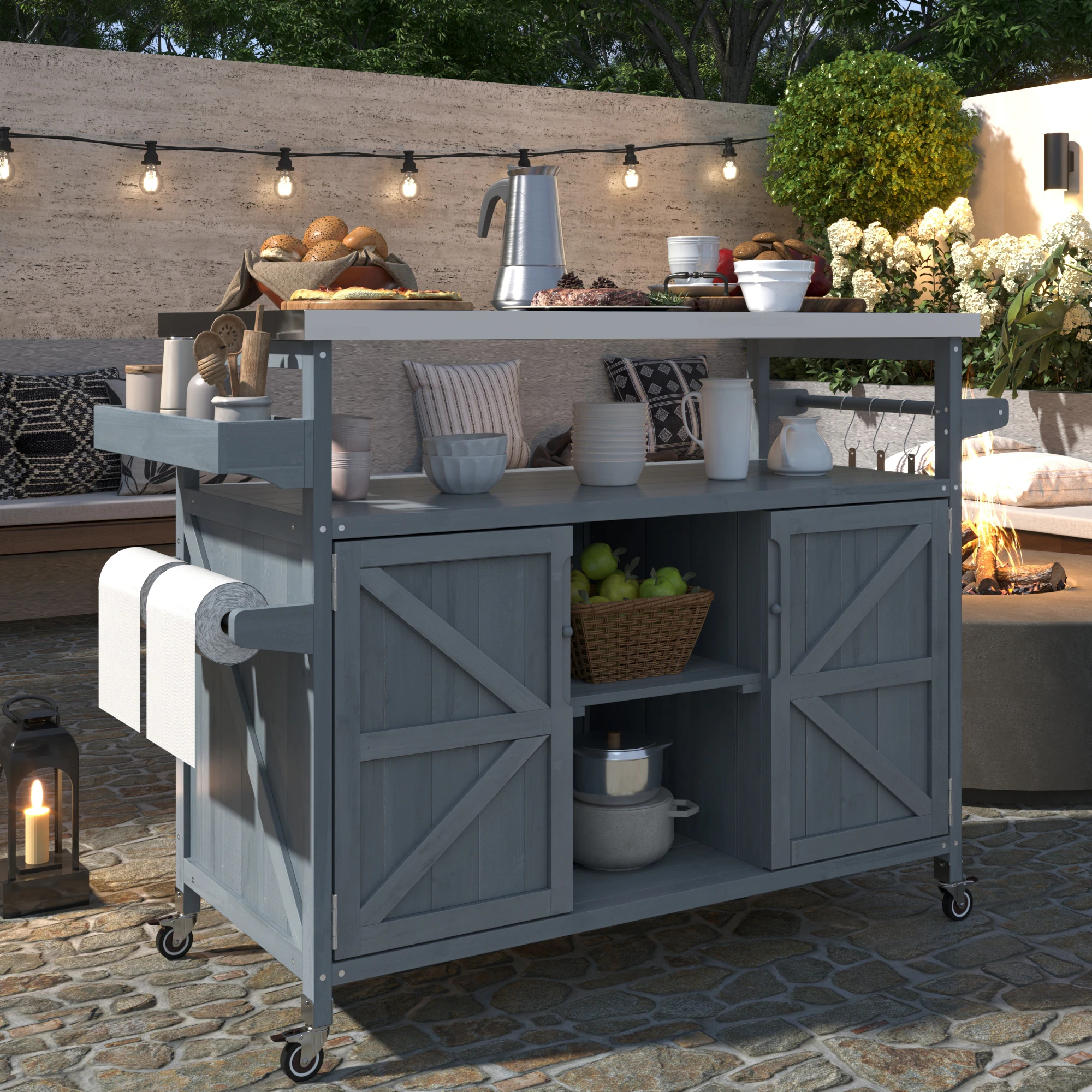 Farmhouse Solid Wood Outdoor Kitchen Island with Rolling Bar Cart & Storage Cabinet by Leisure Zone - Image 2
