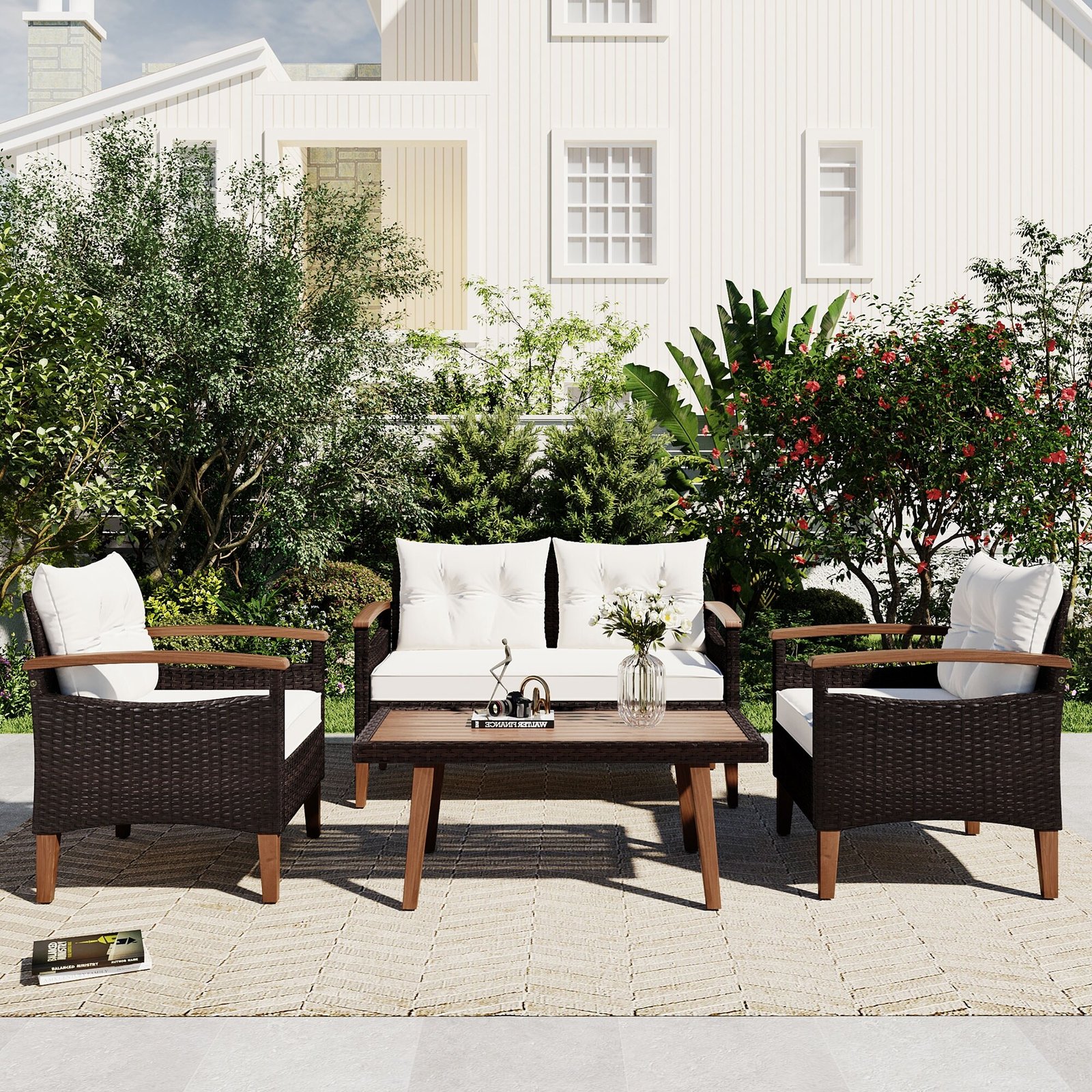 4-Piece PE Rattan Outdoor Sofa Set with Acacia Wood Table by Leisure Zone - Image 2