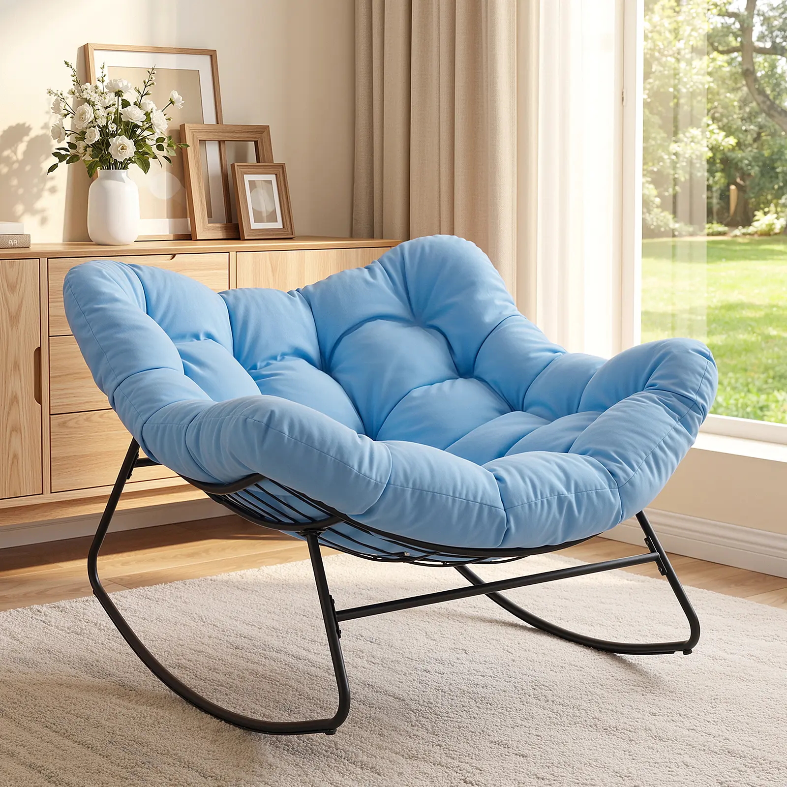 Oversized Blue Papasan Rocking Chair with Cushions for Indoor & Outdoor - Image 4