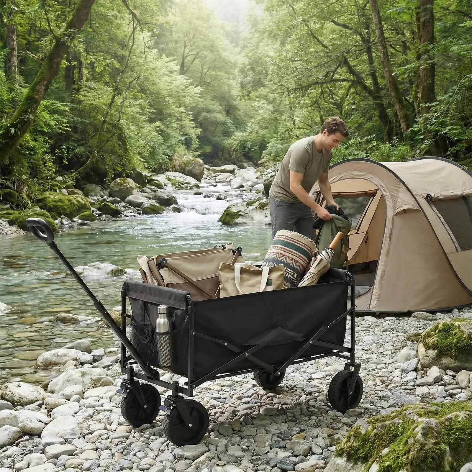 Sweetcrispy Collapsible Folding Wagon Push Cart - Oxford Cloth Quick-Fold Utility Trolley, 102L Large Capacity, 330 lbs Load Capacity, Wheels, Adjustable Handle, for Outdoor Camping, Beach Outings - Image 4