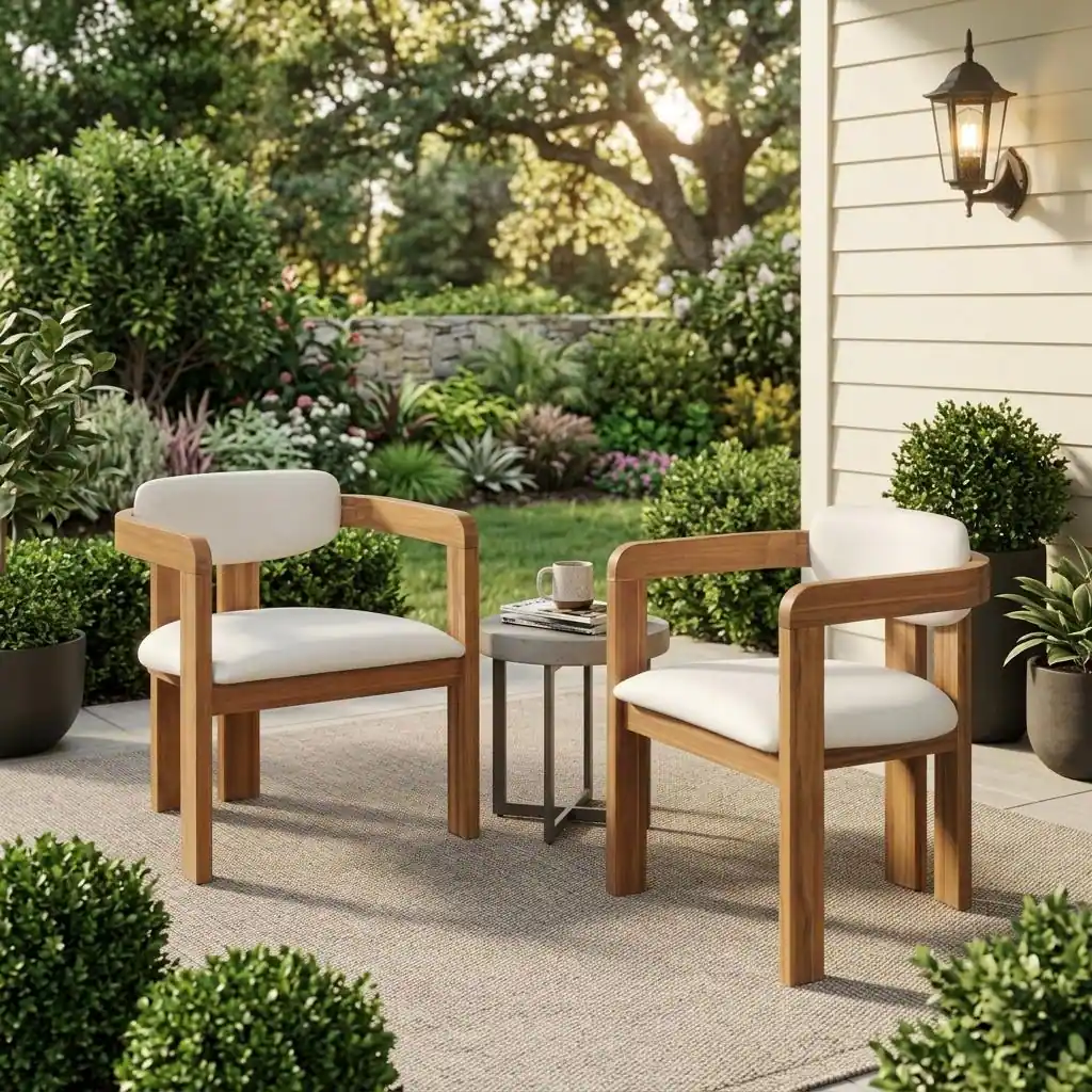 Set of 2 Outdoor Acacia Barrel Dining Chairs with Cushioned Wraparound Back by Leisure Zone - Image 3
