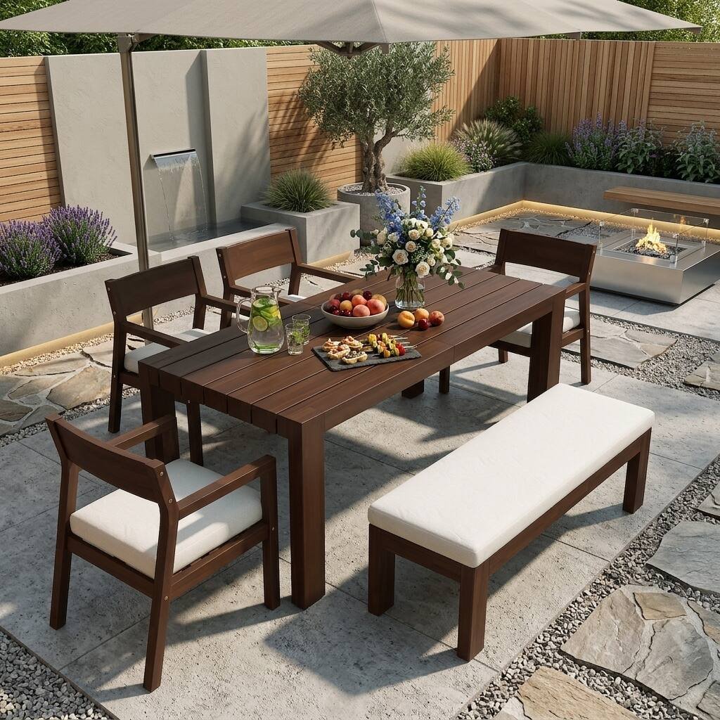 6-Person Patio Dining Set with Umbrella-Ready Table, Cushioned Bench & Four Armchairs by Leisure Zone - Image 14