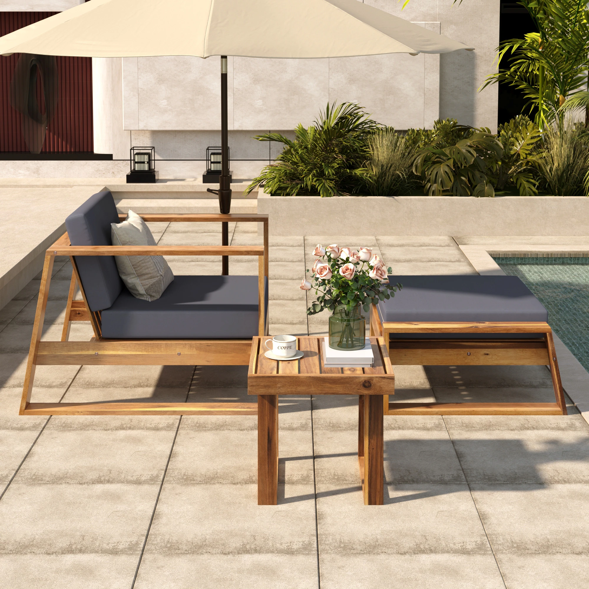 3-Piece Acacia Wood Outdoor Lounge Set with Ottoman and Side Table by Leisure Zone - Image 13